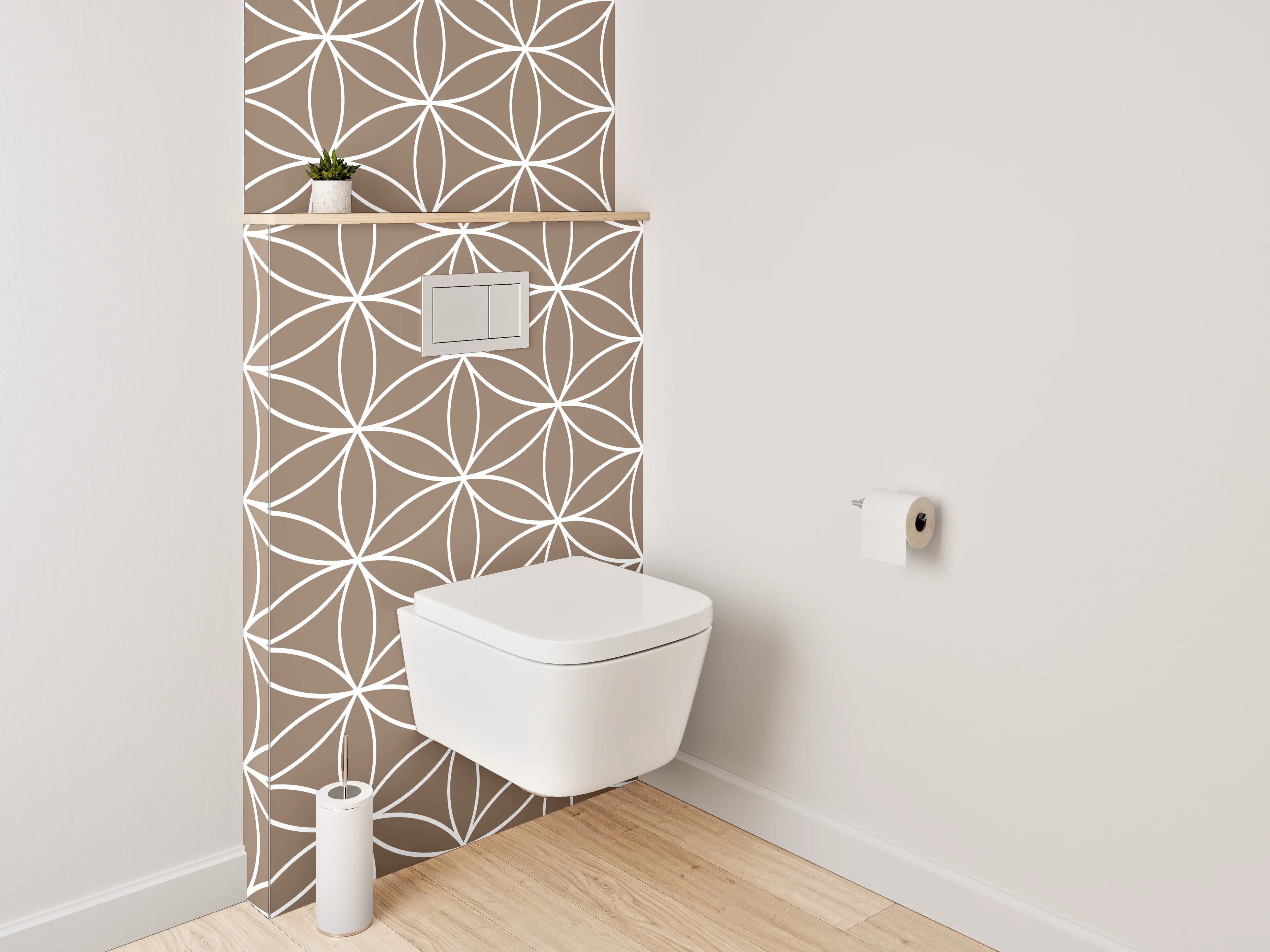WC-Rückwand - Florale Geometrie in Braun und Weißgrau