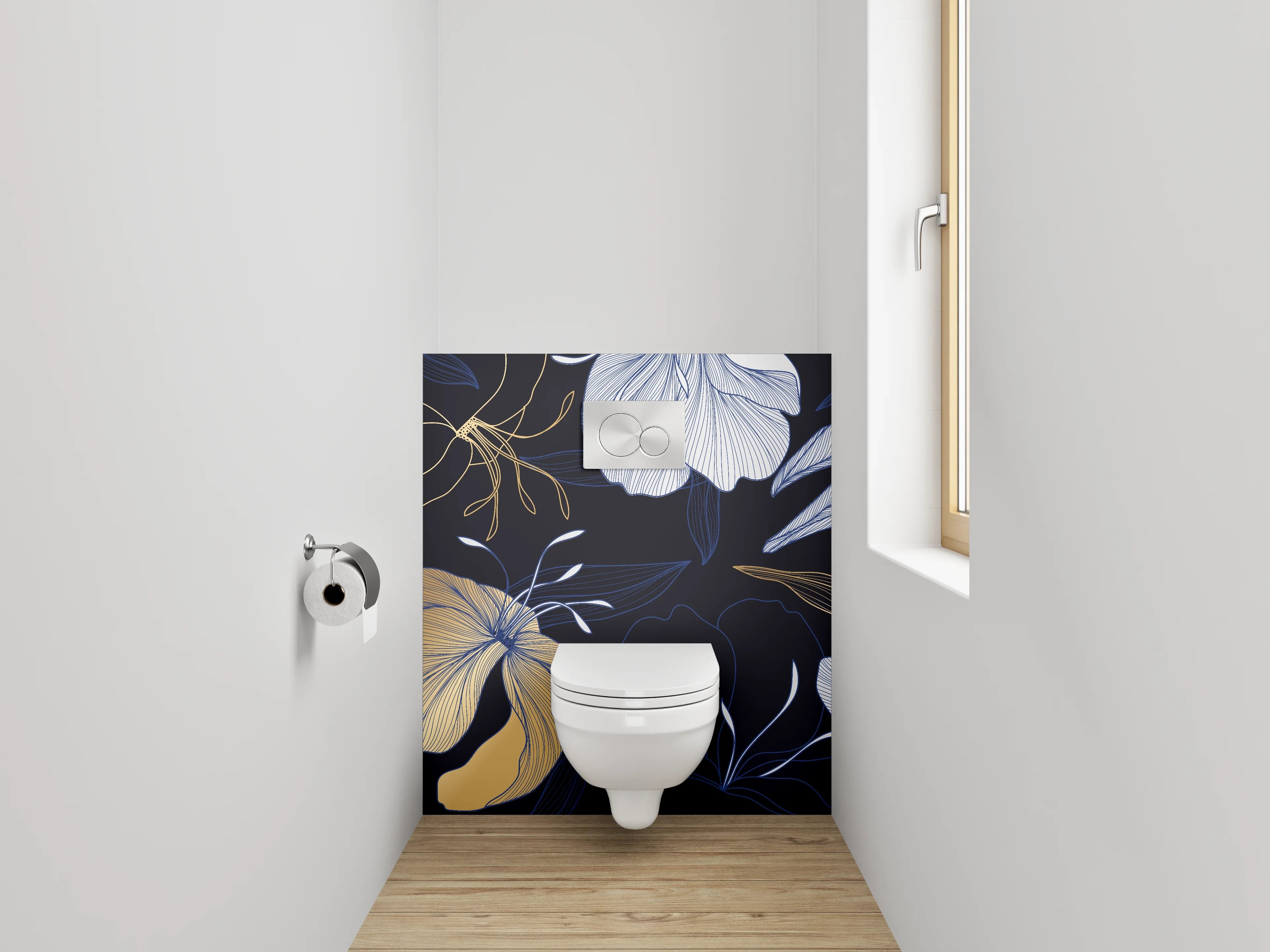 WC-Rückwand - Florale Lineart-Blumen in Gold und Blau