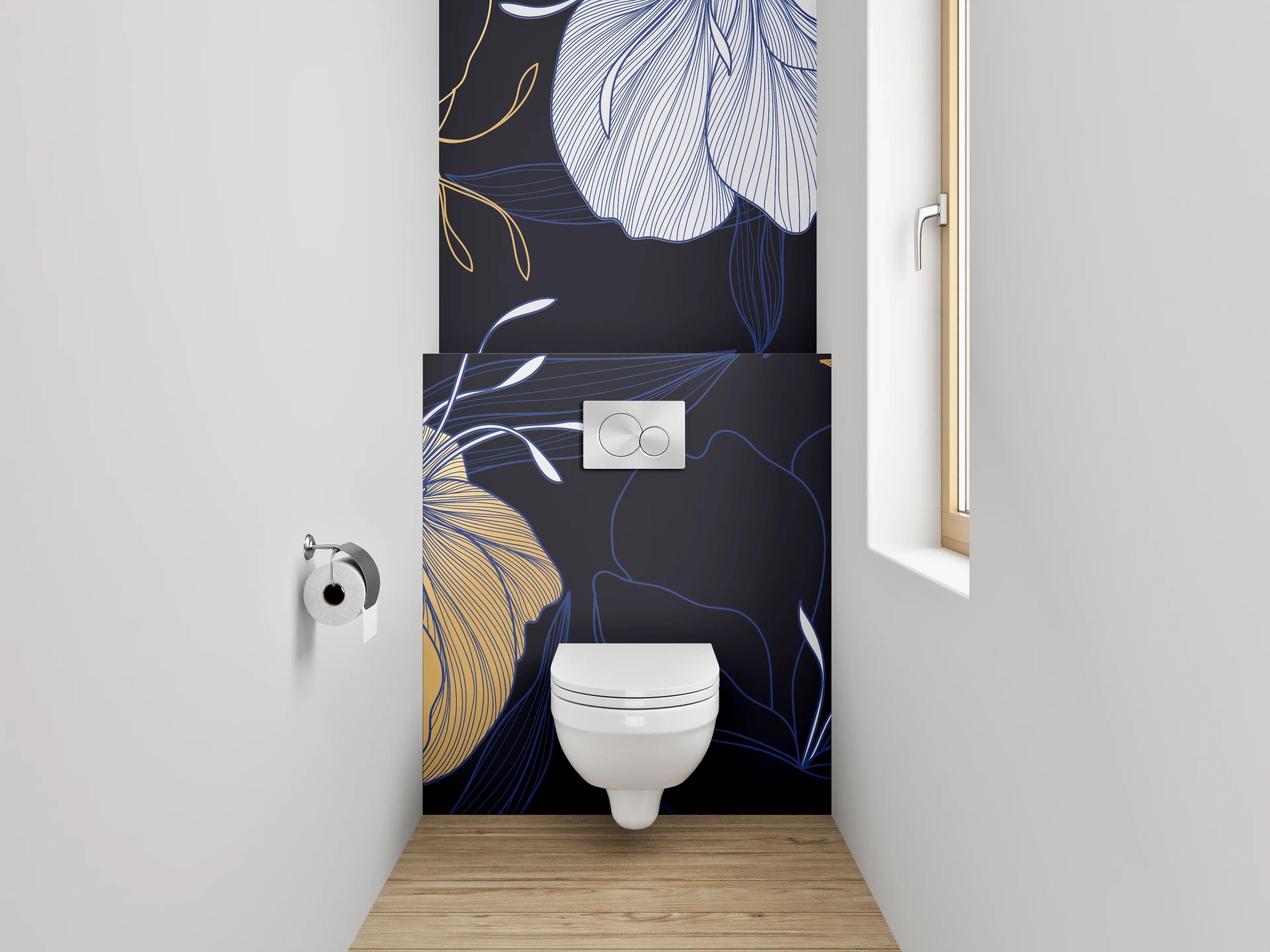 WC-Rückwand - Florale Lineart-Blumen in Gold und Blau