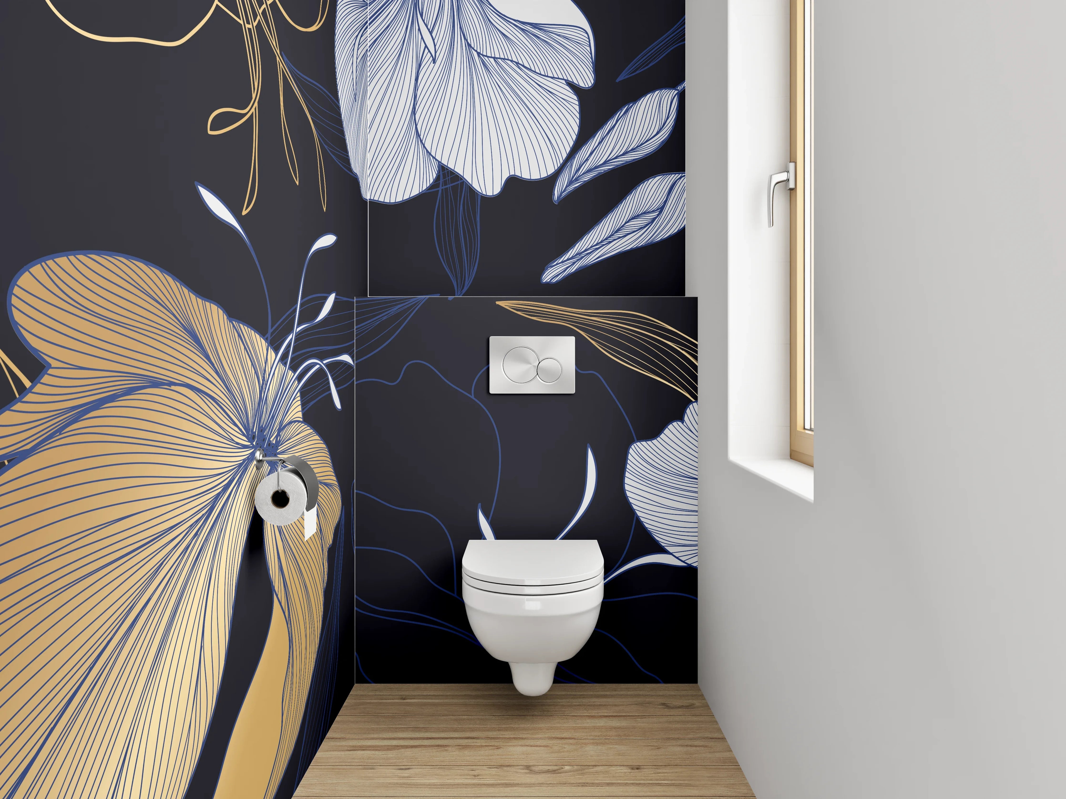 WC-Rückwand - Florale Lineart-Blumen in Gold und Blau