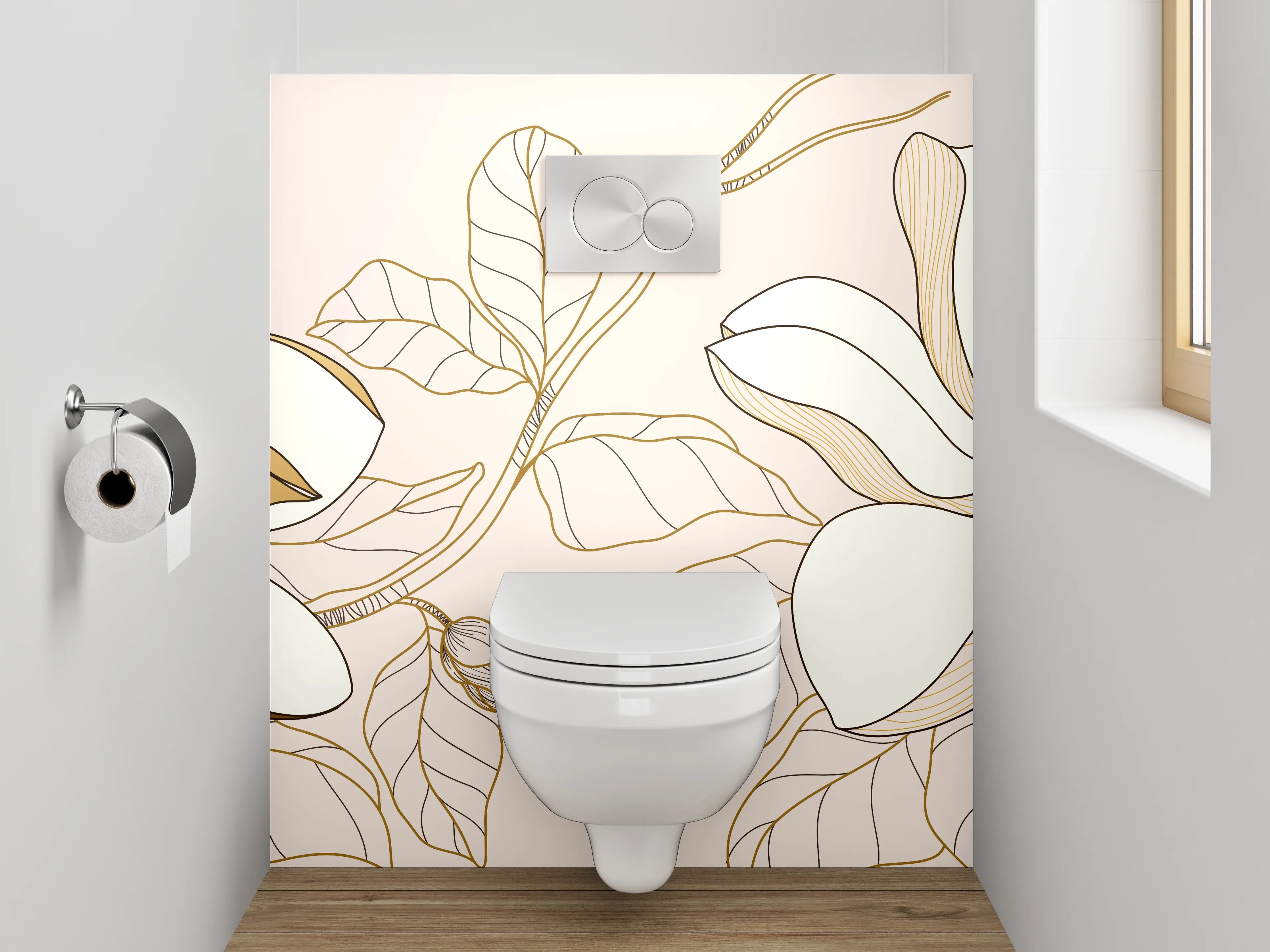 WC-Rückwand - Florale Lineart Magnolien mit Goldakzent