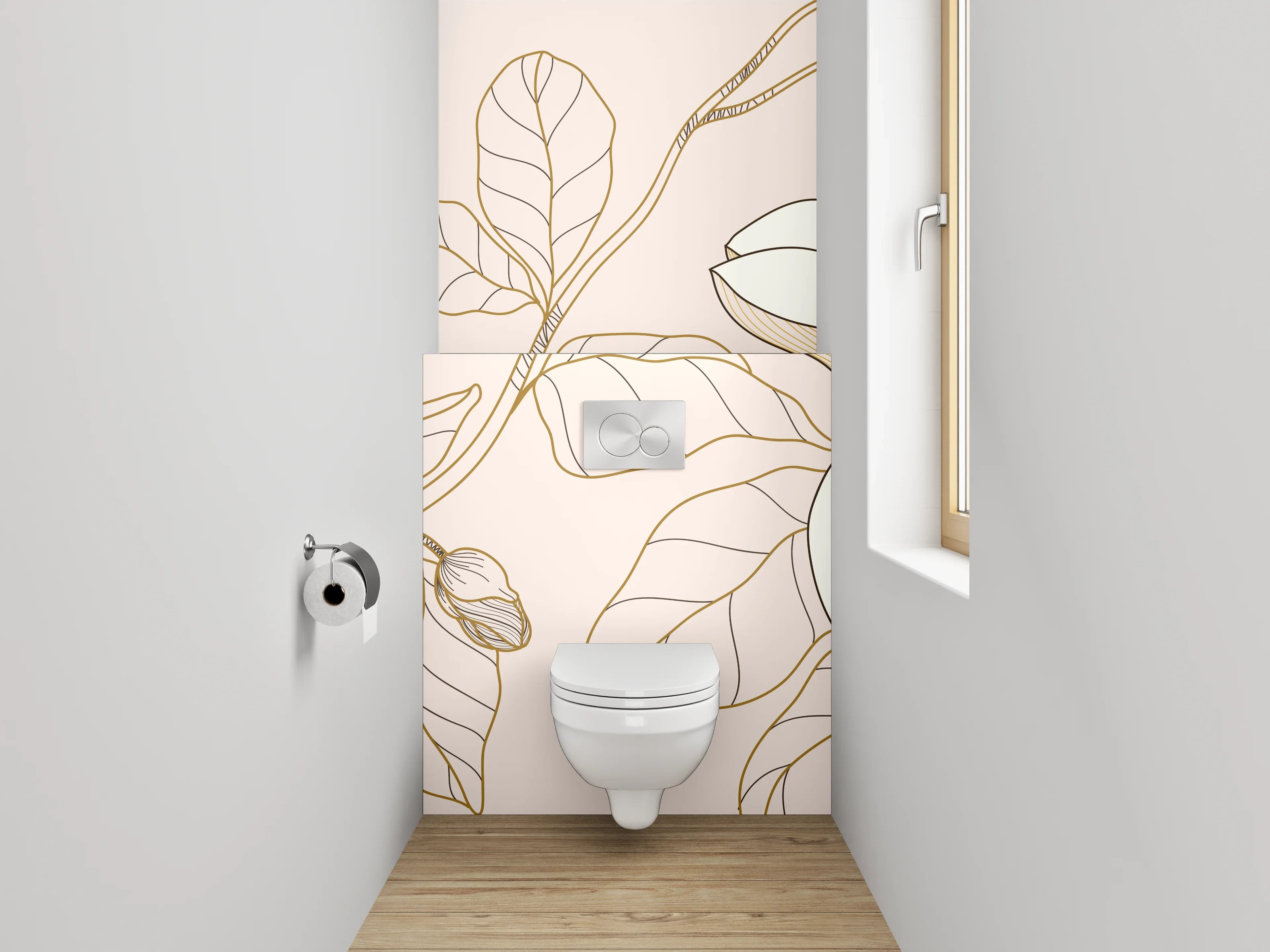 WC-Rückwand - Florale Lineart Magnolien mit Goldakzent
