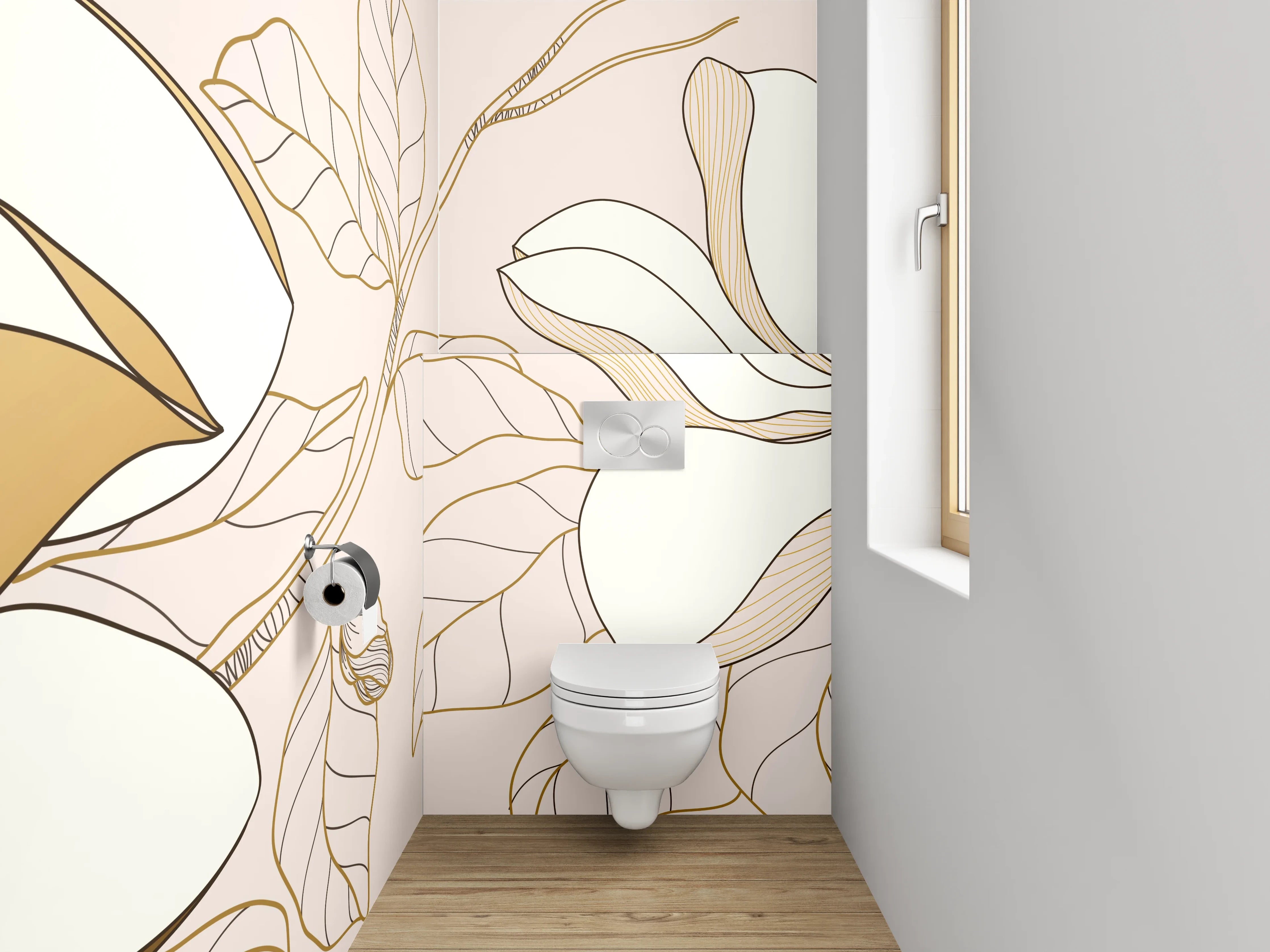 WC-Rückwand - Florale Lineart Magnolien mit Goldakzent