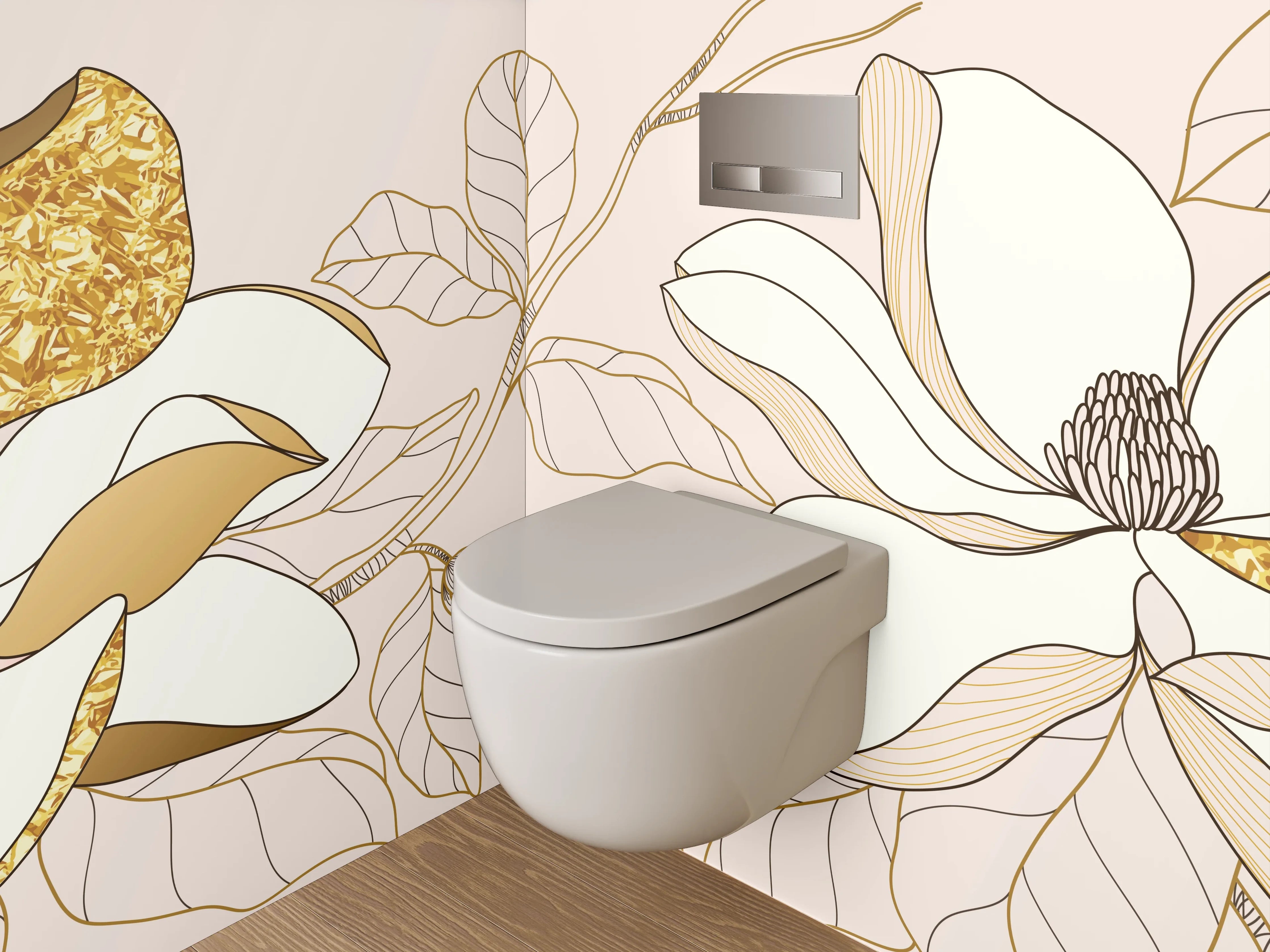 WC-Rückwand - Florale Lineart Magnolien mit Goldakzent