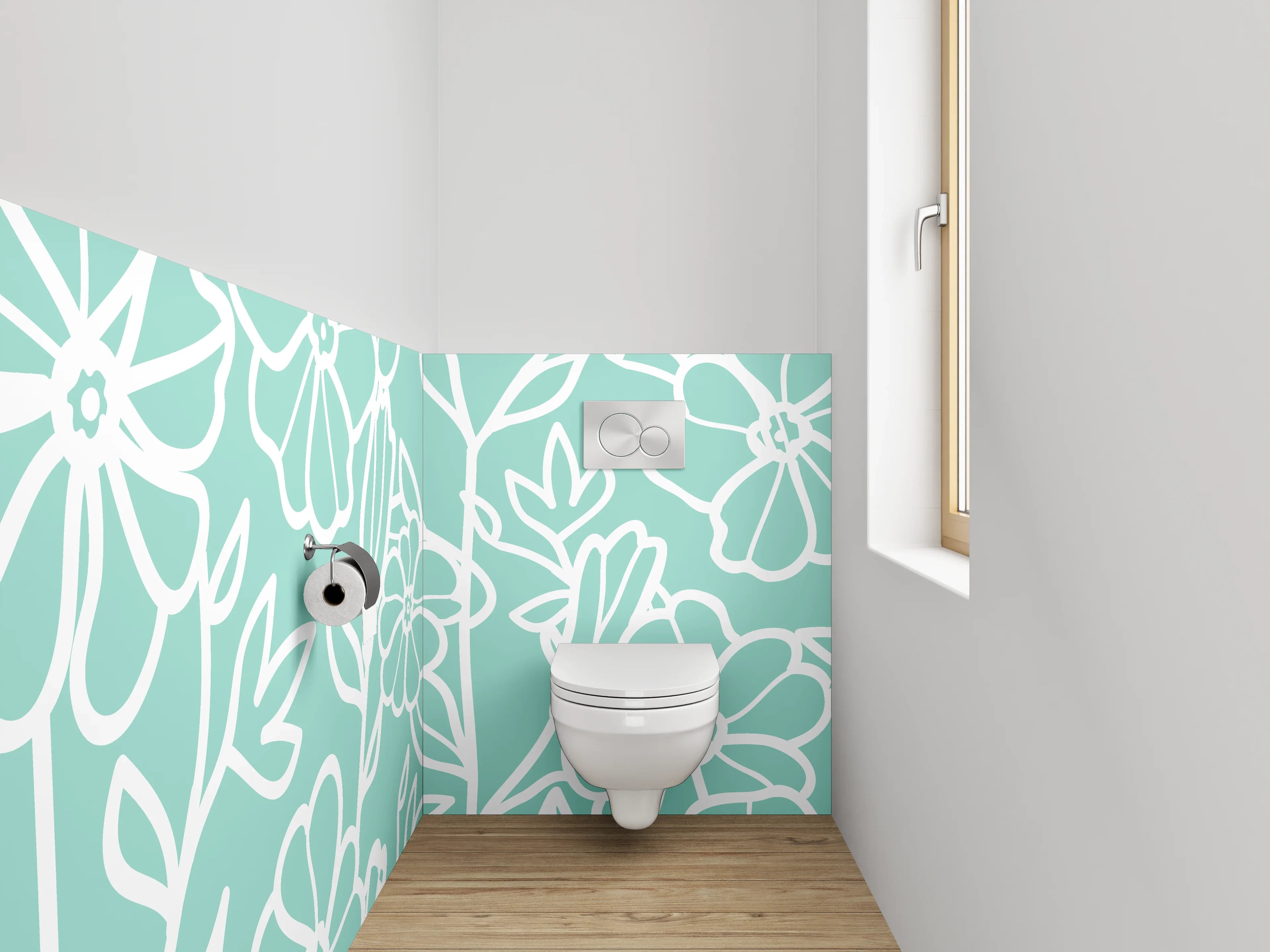 WC-Rückwand - Florale Lineart auf Mintgrün