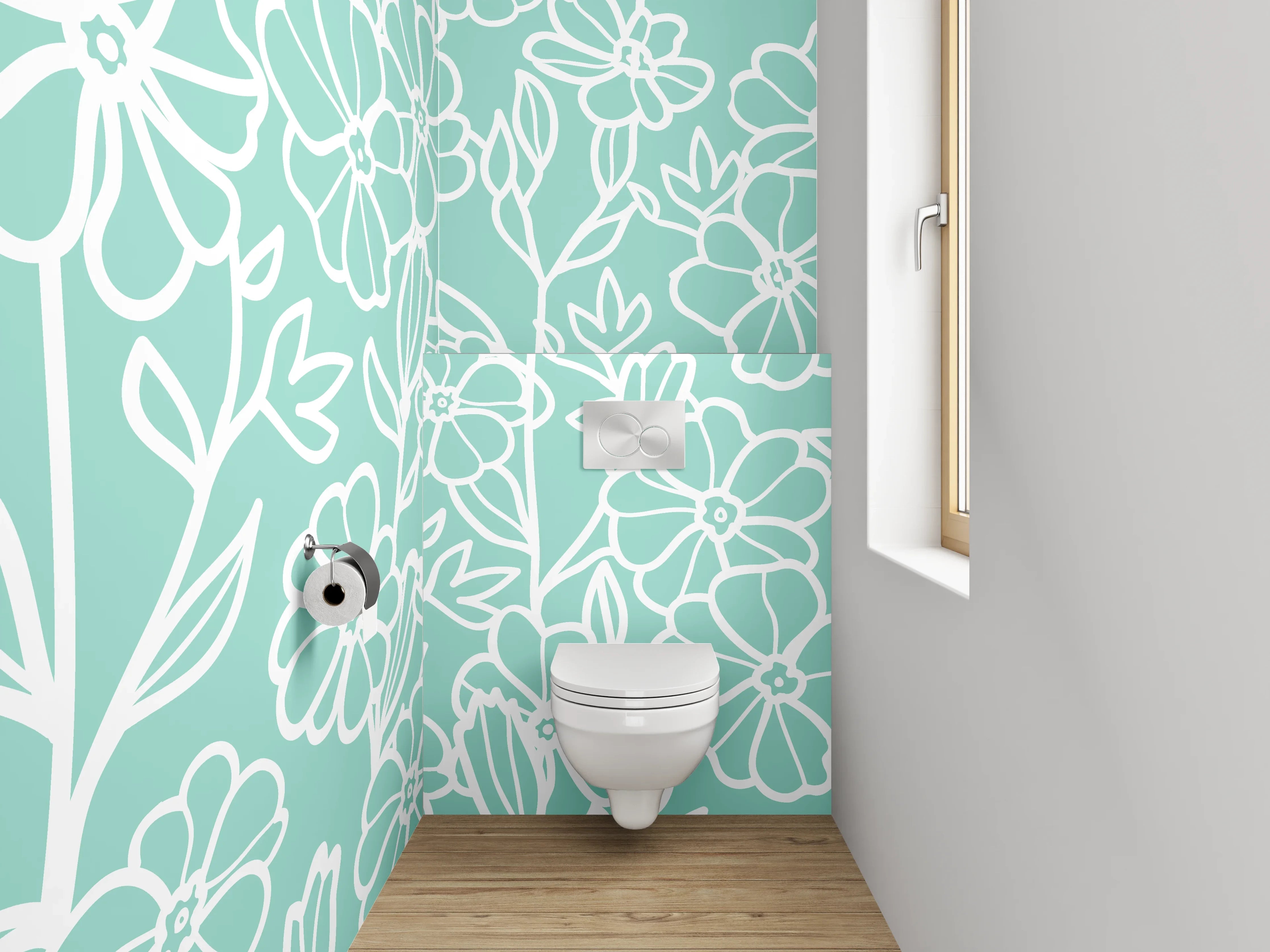 WC-Rückwand - Florale Lineart auf Mintgrün