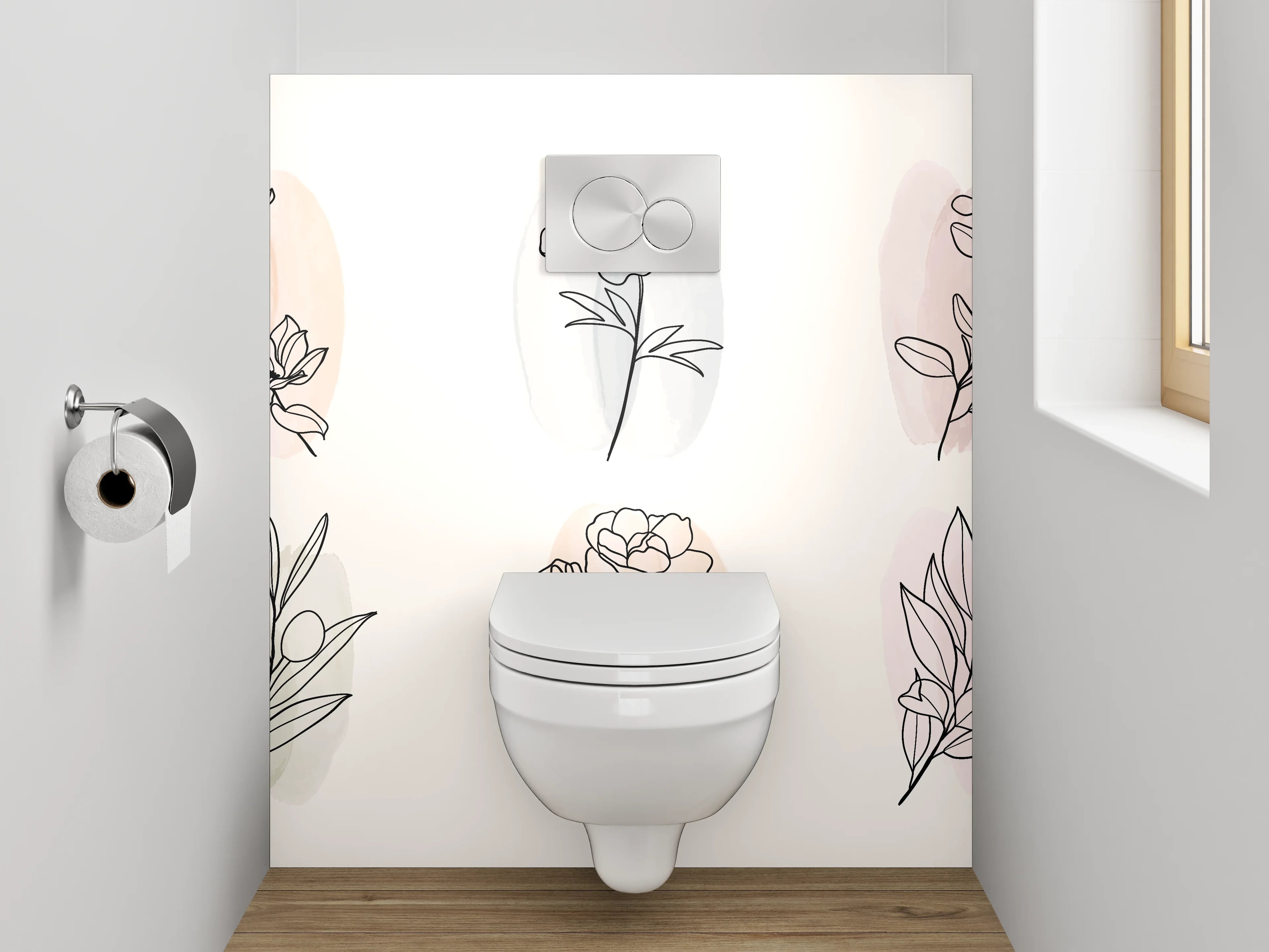 WC-Rückwand - Florale Lineart auf Pastell – Minimal Kunst