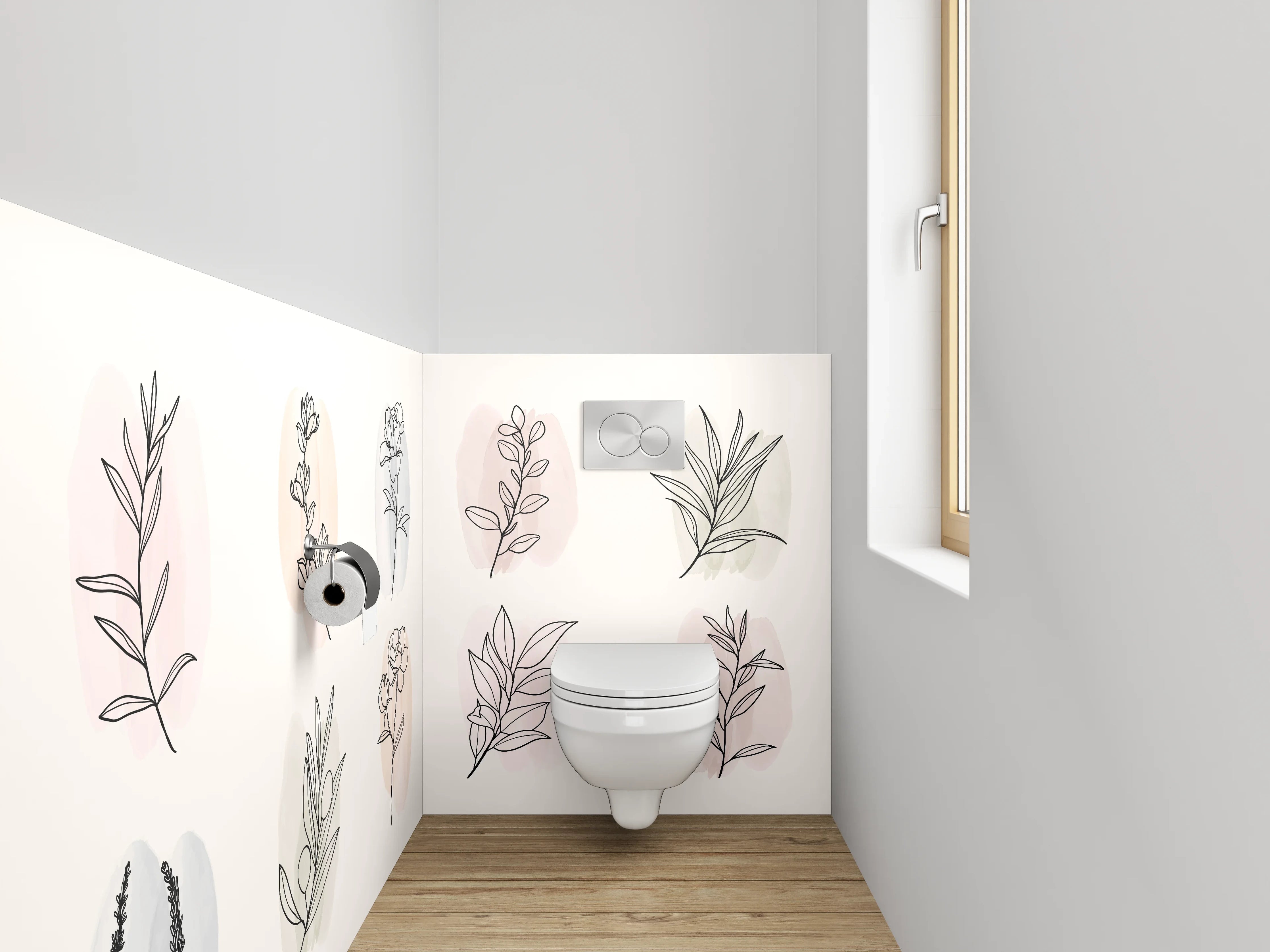 WC-Rückwand - Florale Lineart auf Pastell – Minimal Kunst