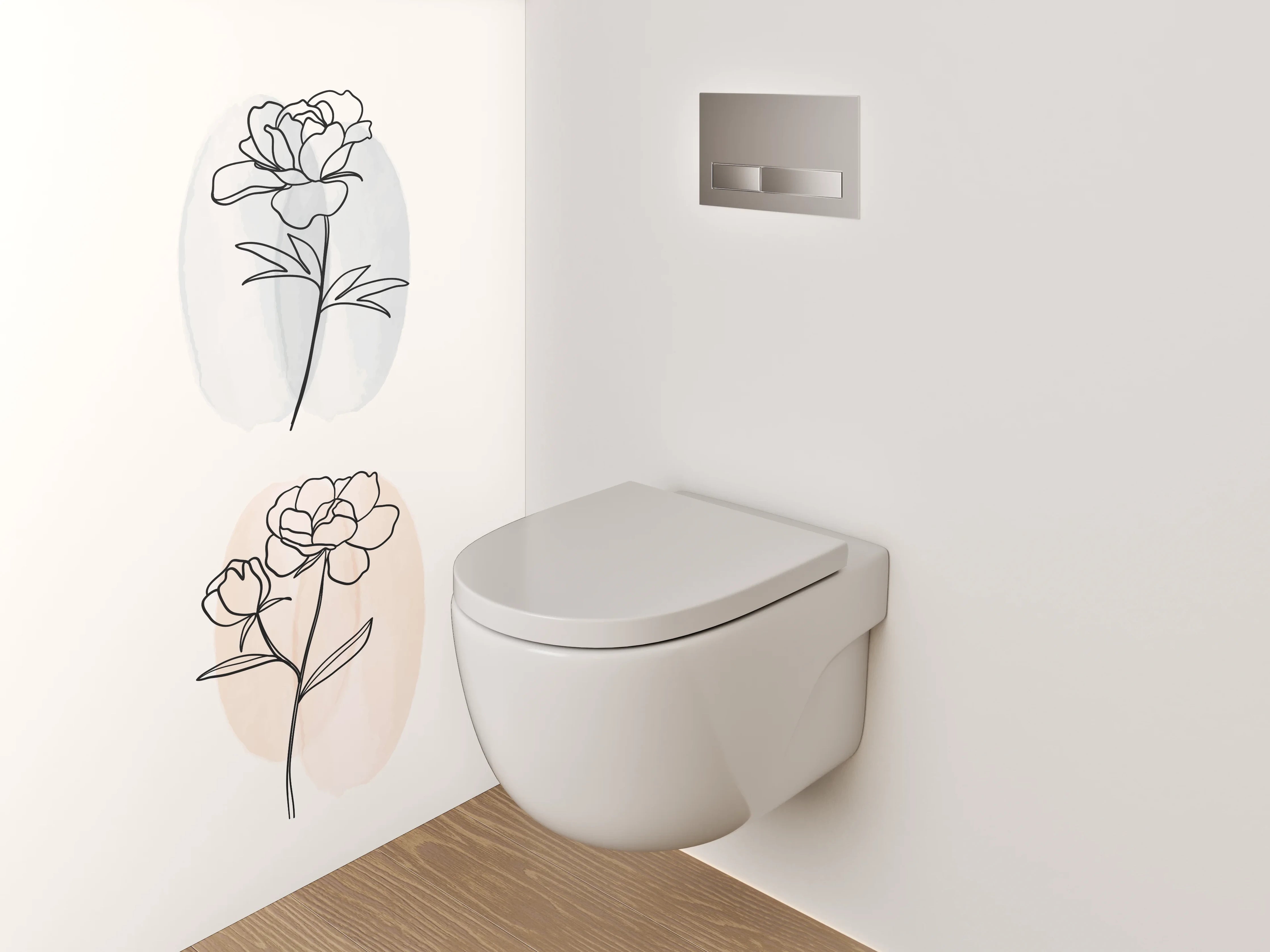 WC-Rückwand - Florale Lineart auf Pastell – Minimal Kunst