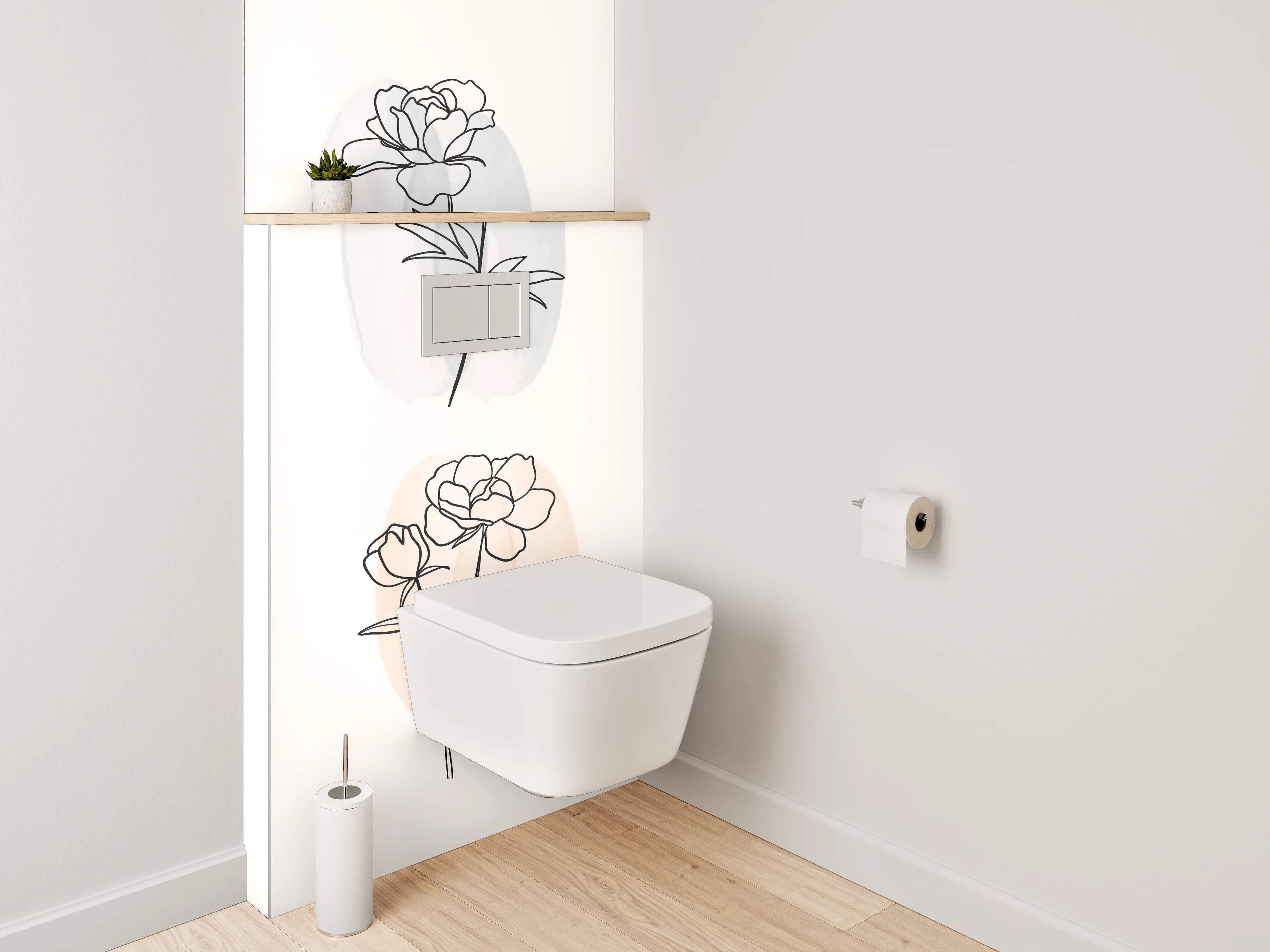 WC-Rückwand - Florale Lineart auf Pastell – Minimal Kunst