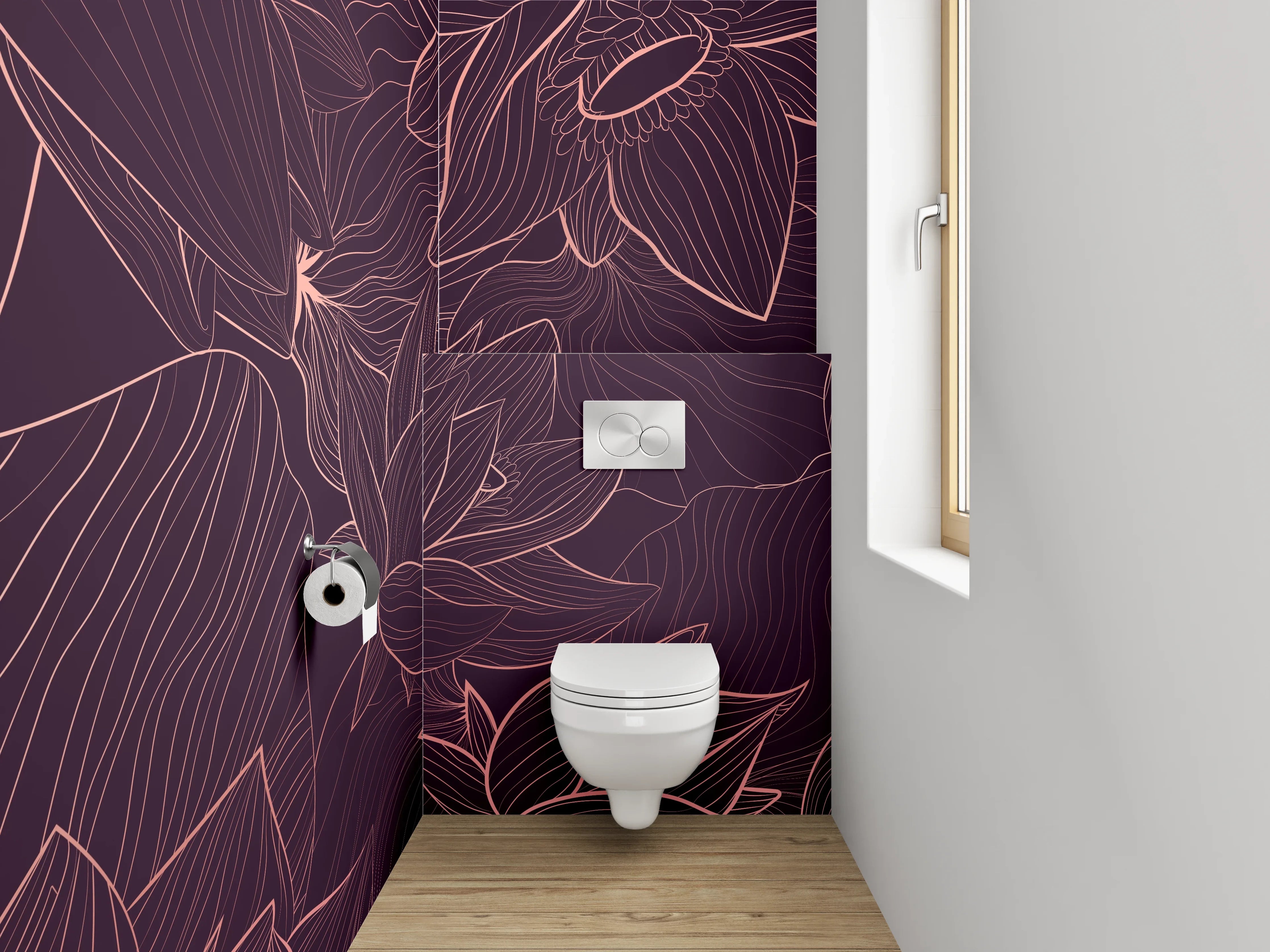 WC-Rückwand - Florale Lineart auf dunklem Hintergrund