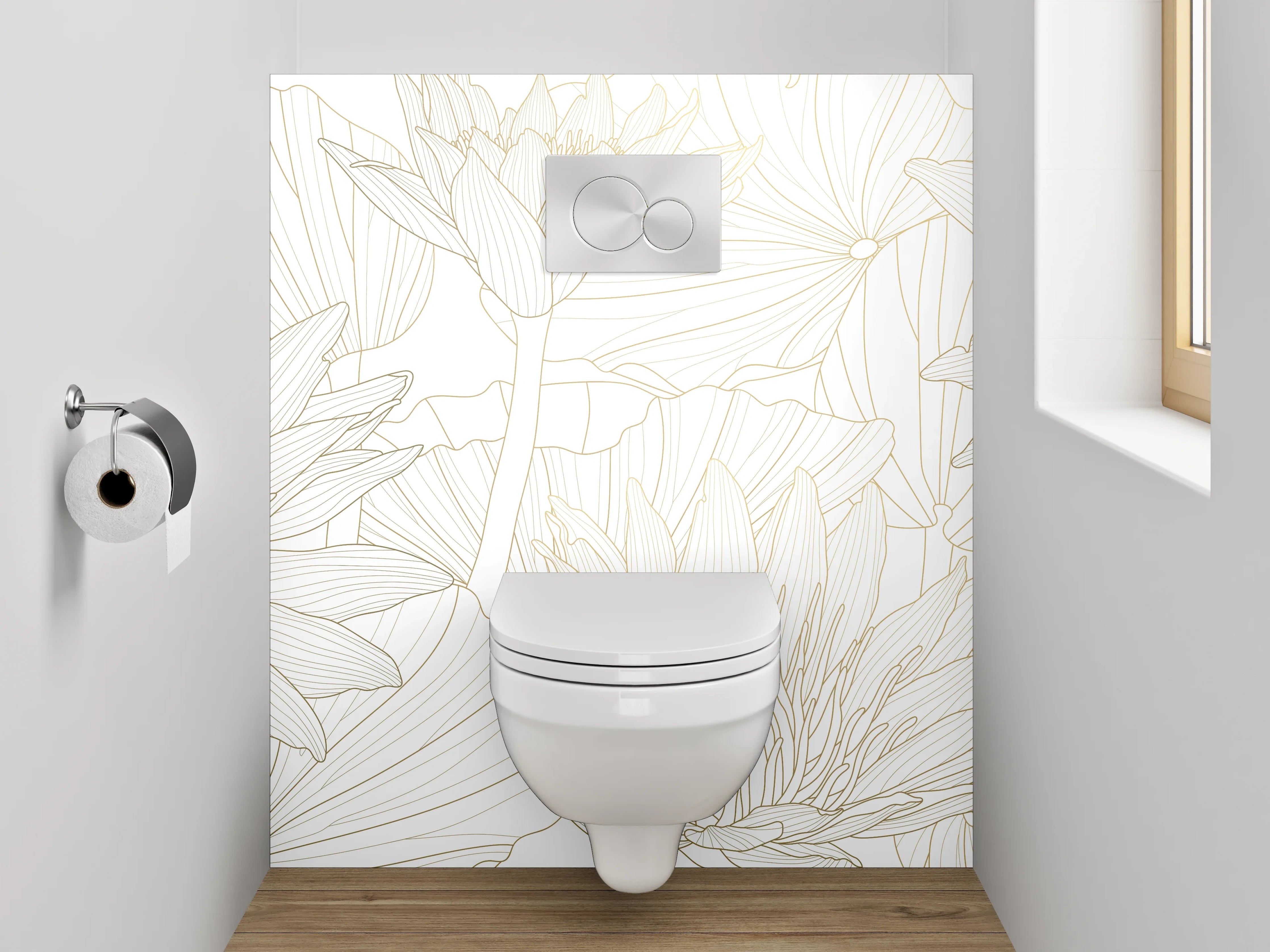 WC-Rückwand - Florale Lineart in Weiß und Beige