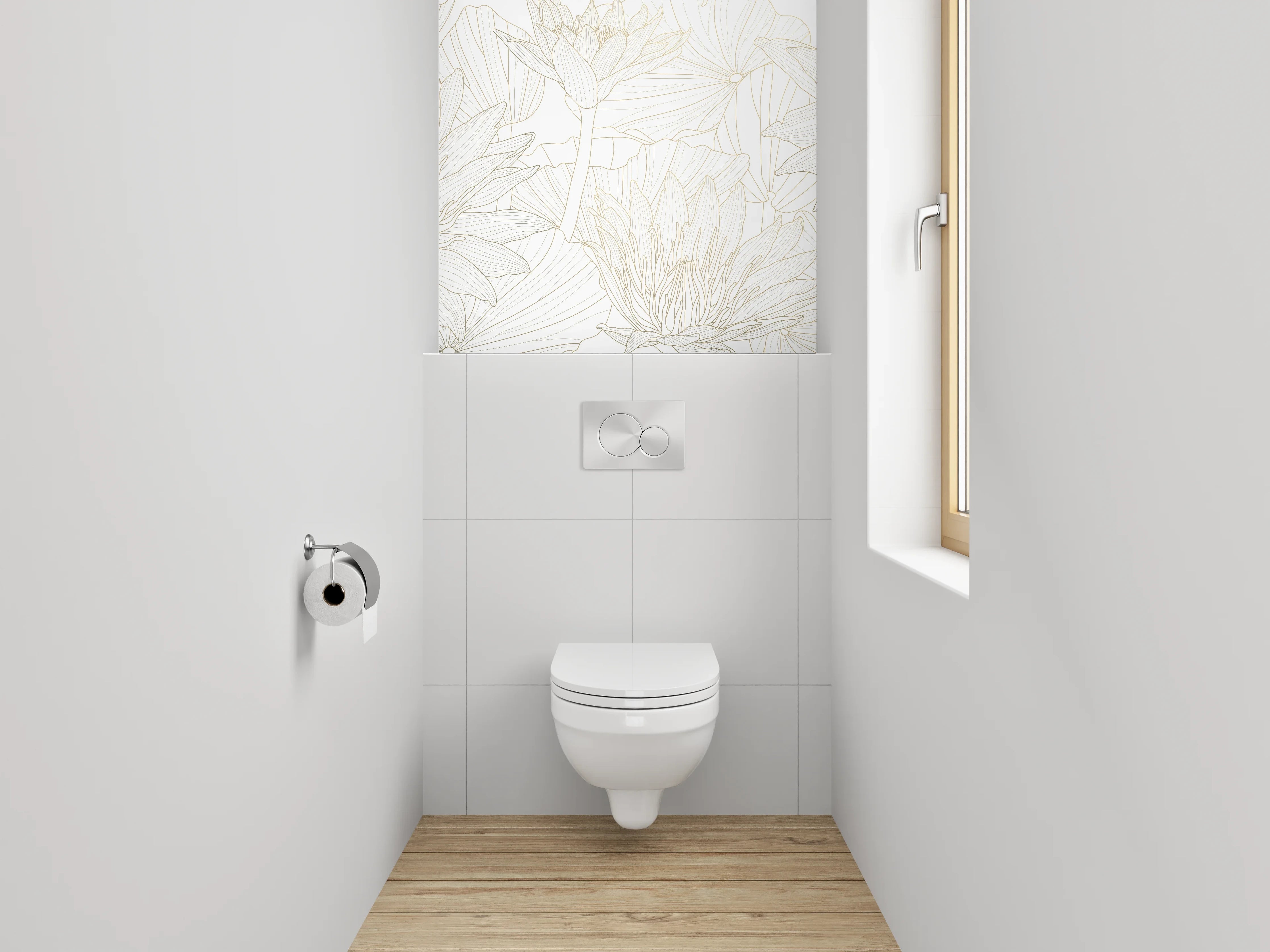 WC-Rückwand - Florale Lineart in Weiß und Beige