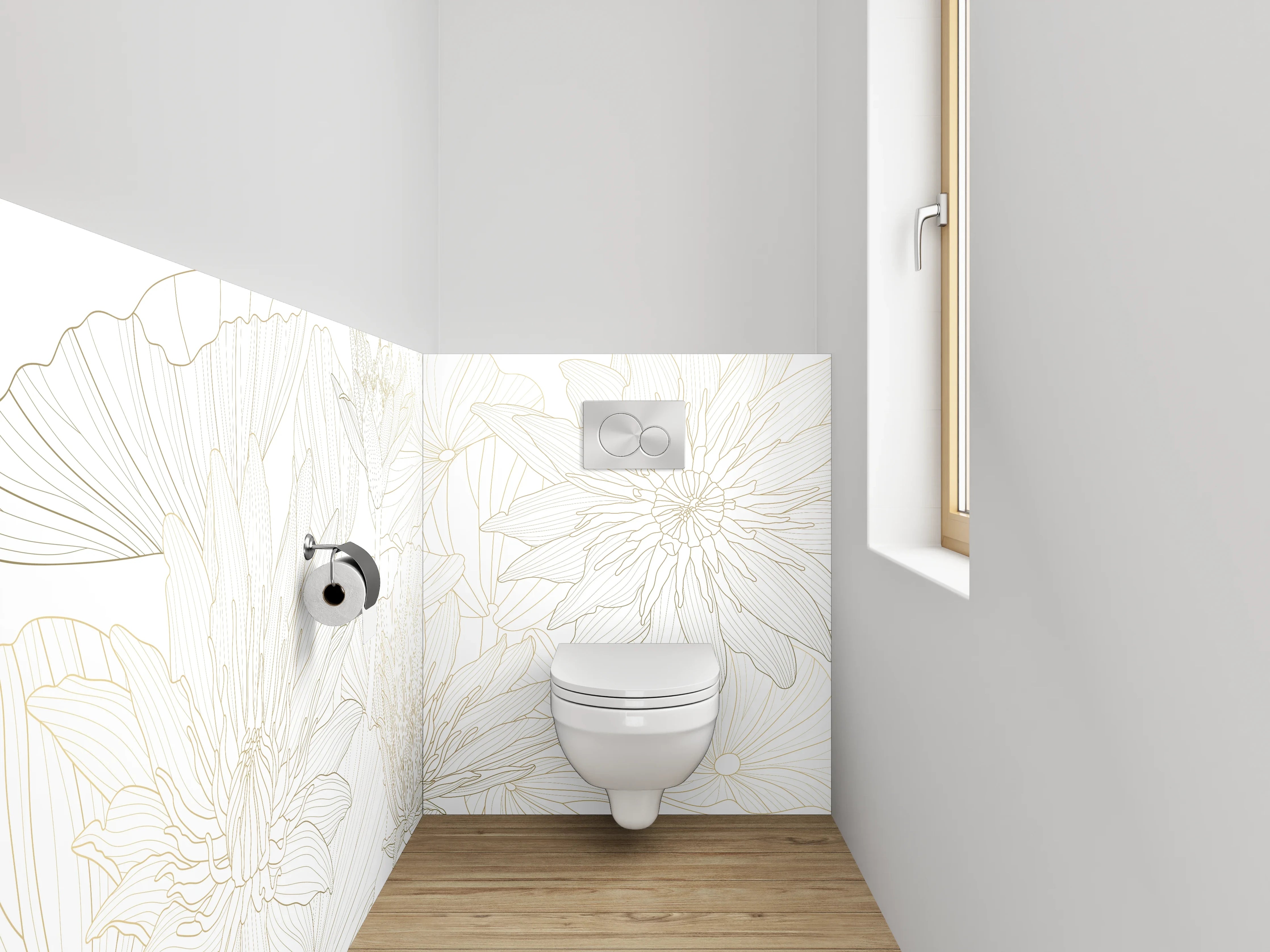 WC-Rückwand - Florale Lineart in Weiß und Beige