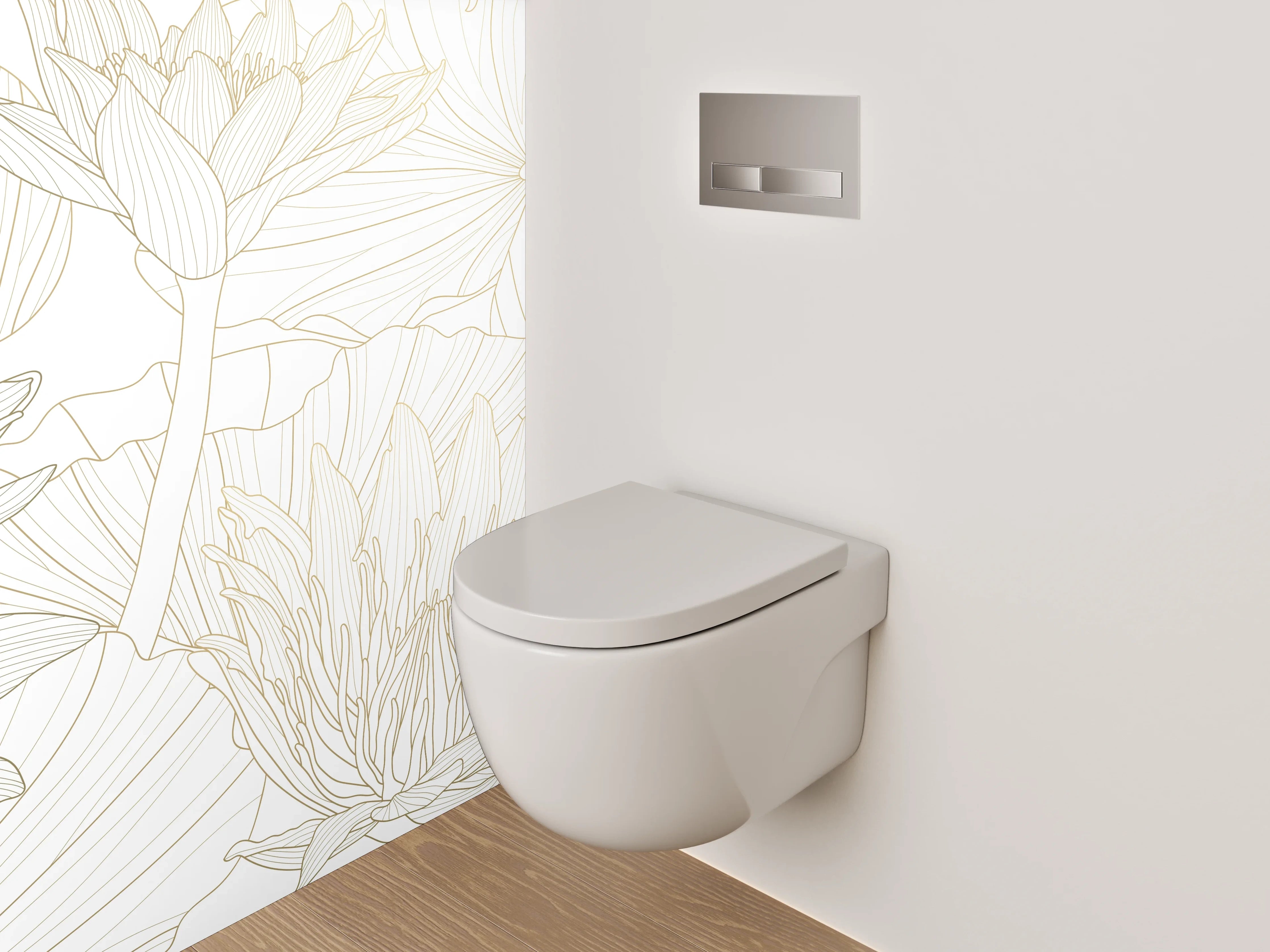 WC-Rückwand - Florale Lineart in Weiß und Beige
