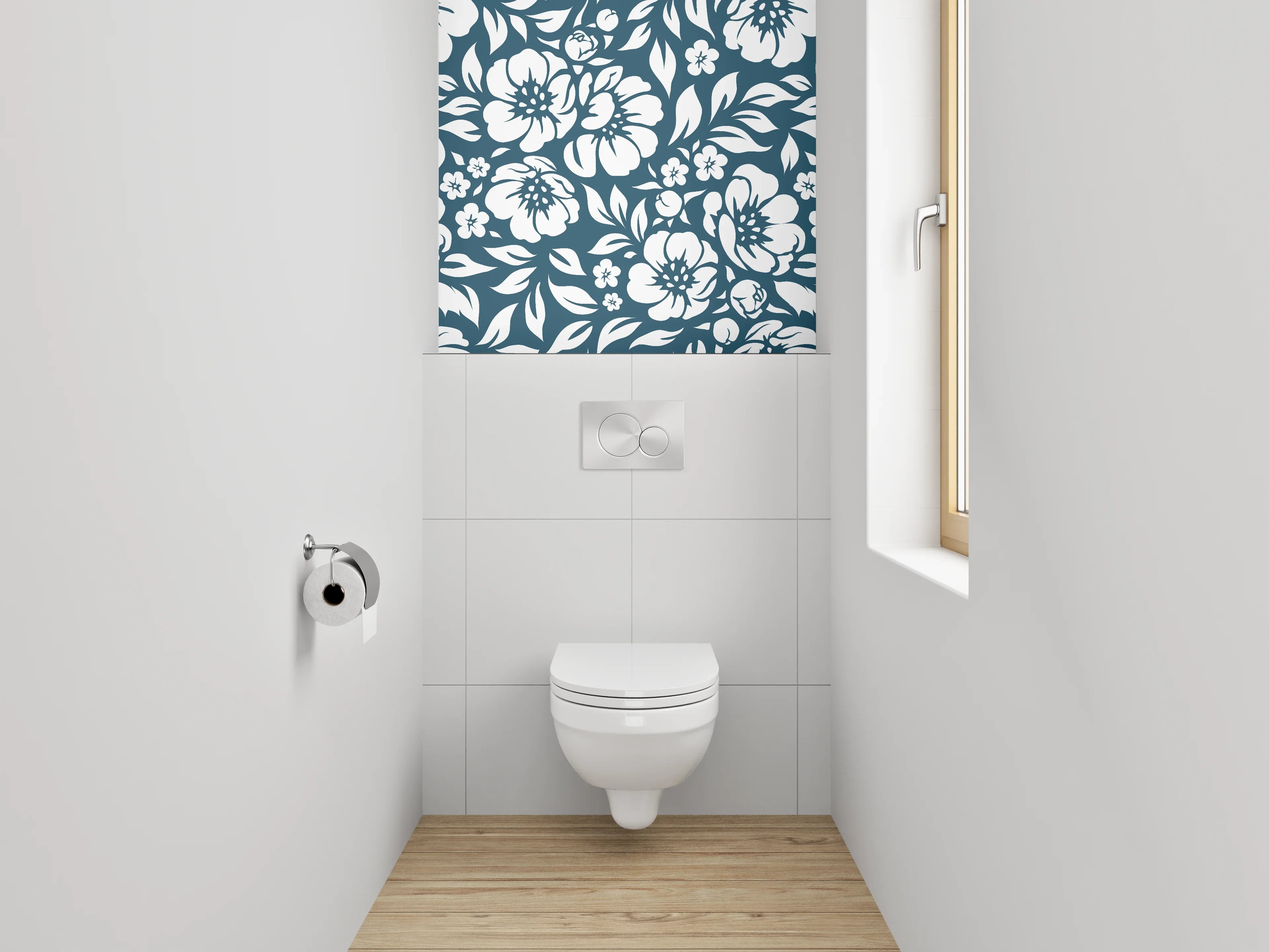 WC-Rückwand - Florale Muster in Blau-Weiß