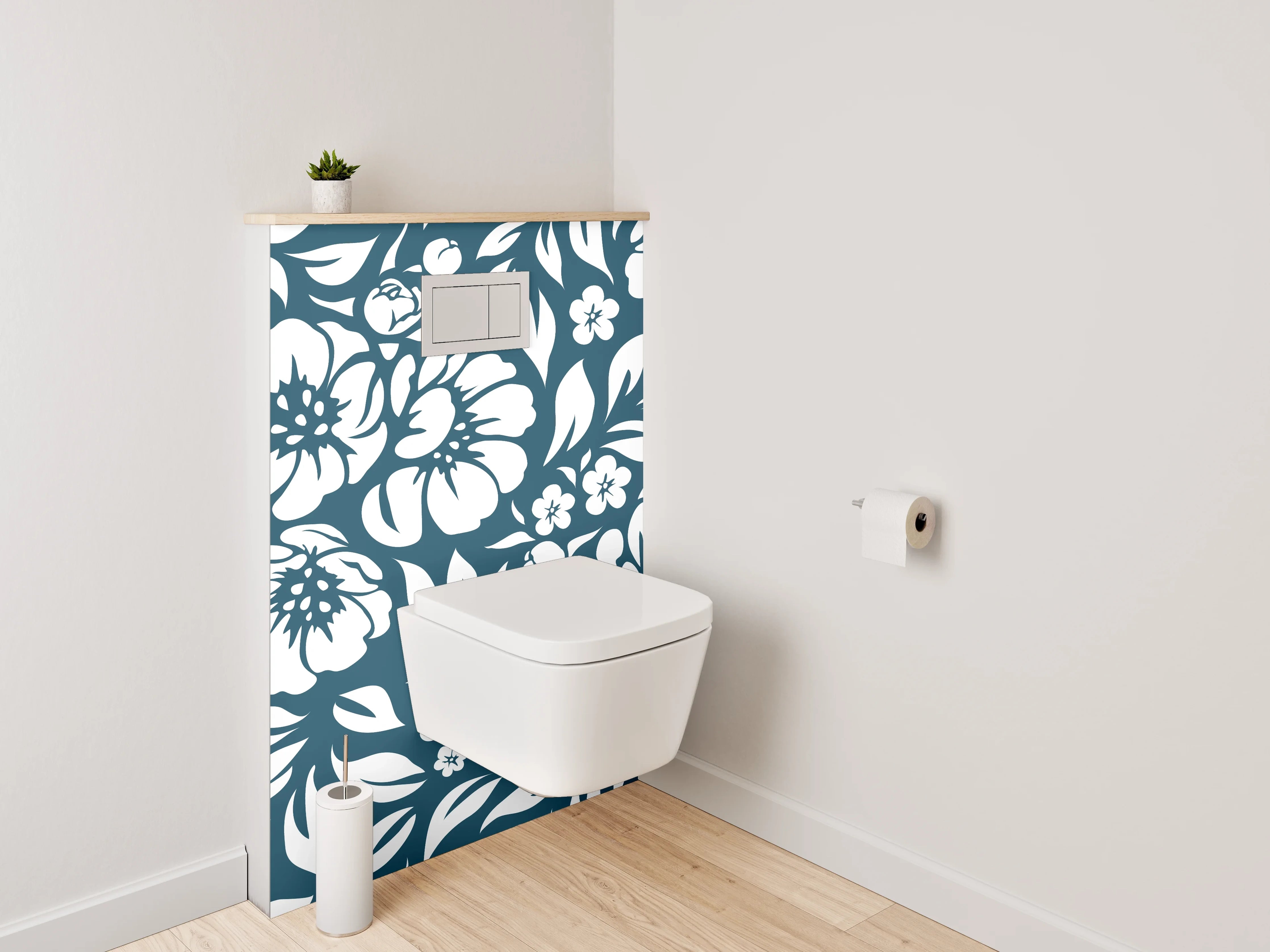 WC-Rückwand - Florale Muster in Blau-Weiß