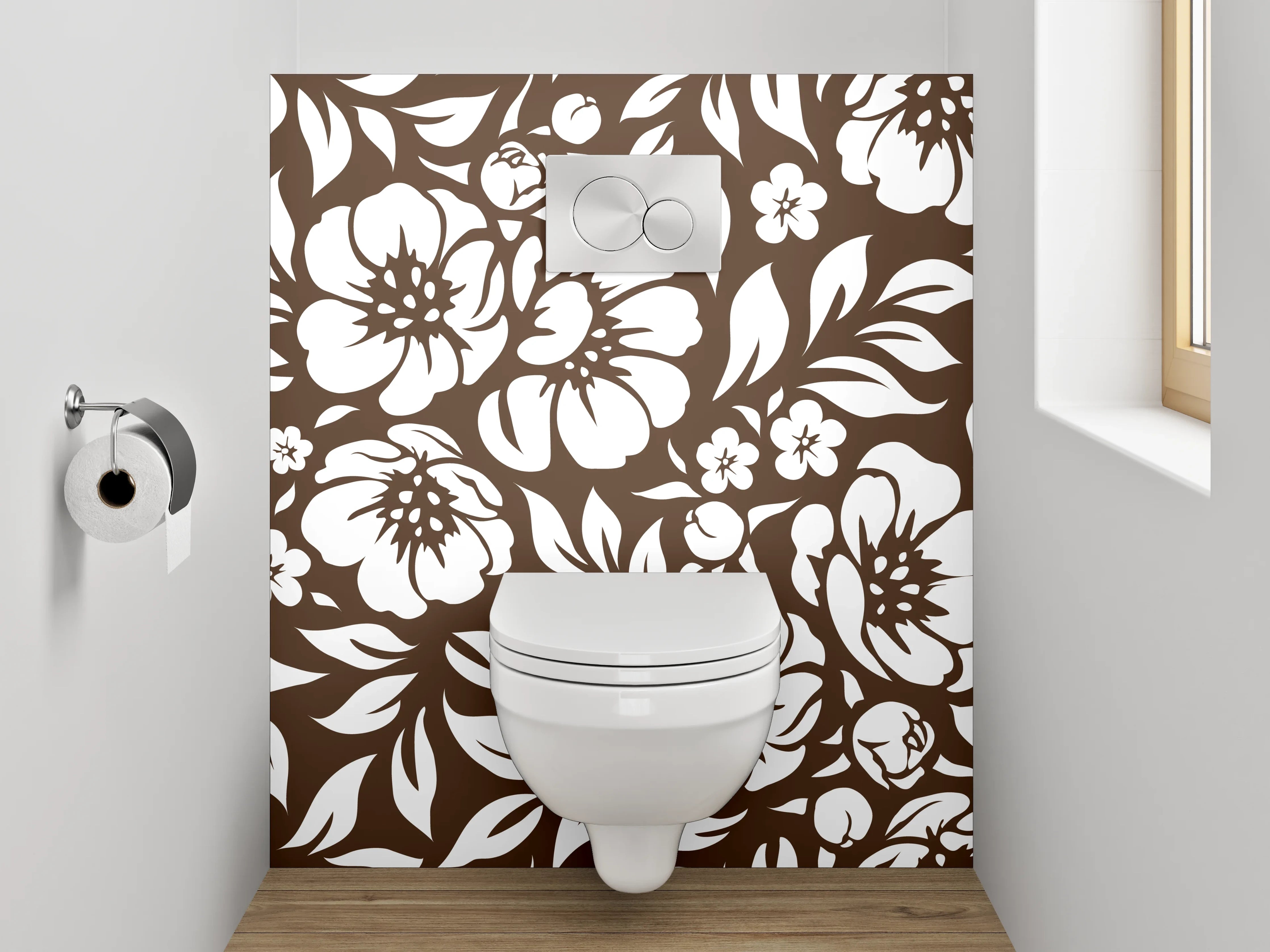 WC-Rückwand - Florale Muster in Braun-Weiß