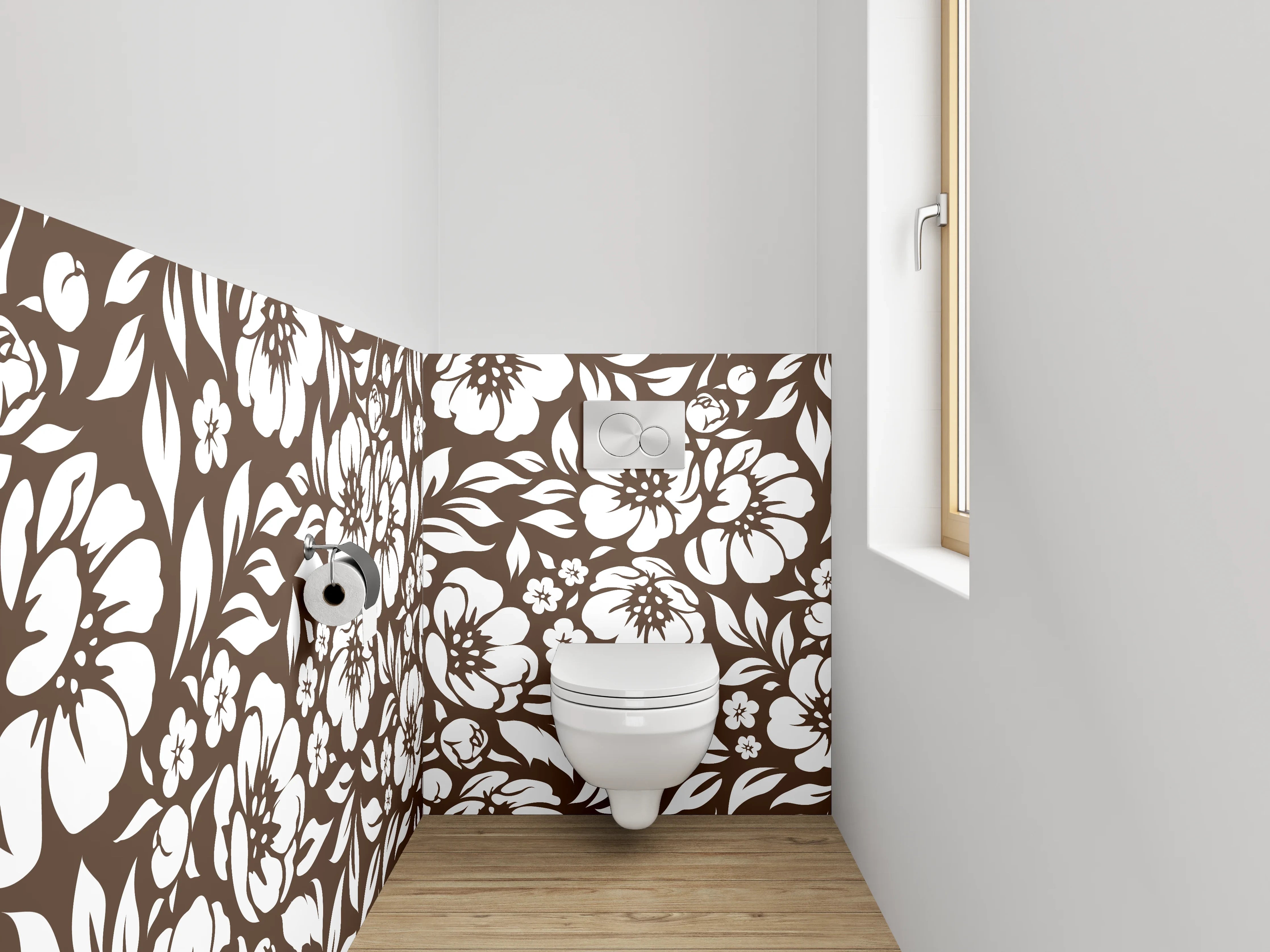 WC-Rückwand - Florale Muster in Braun-Weiß