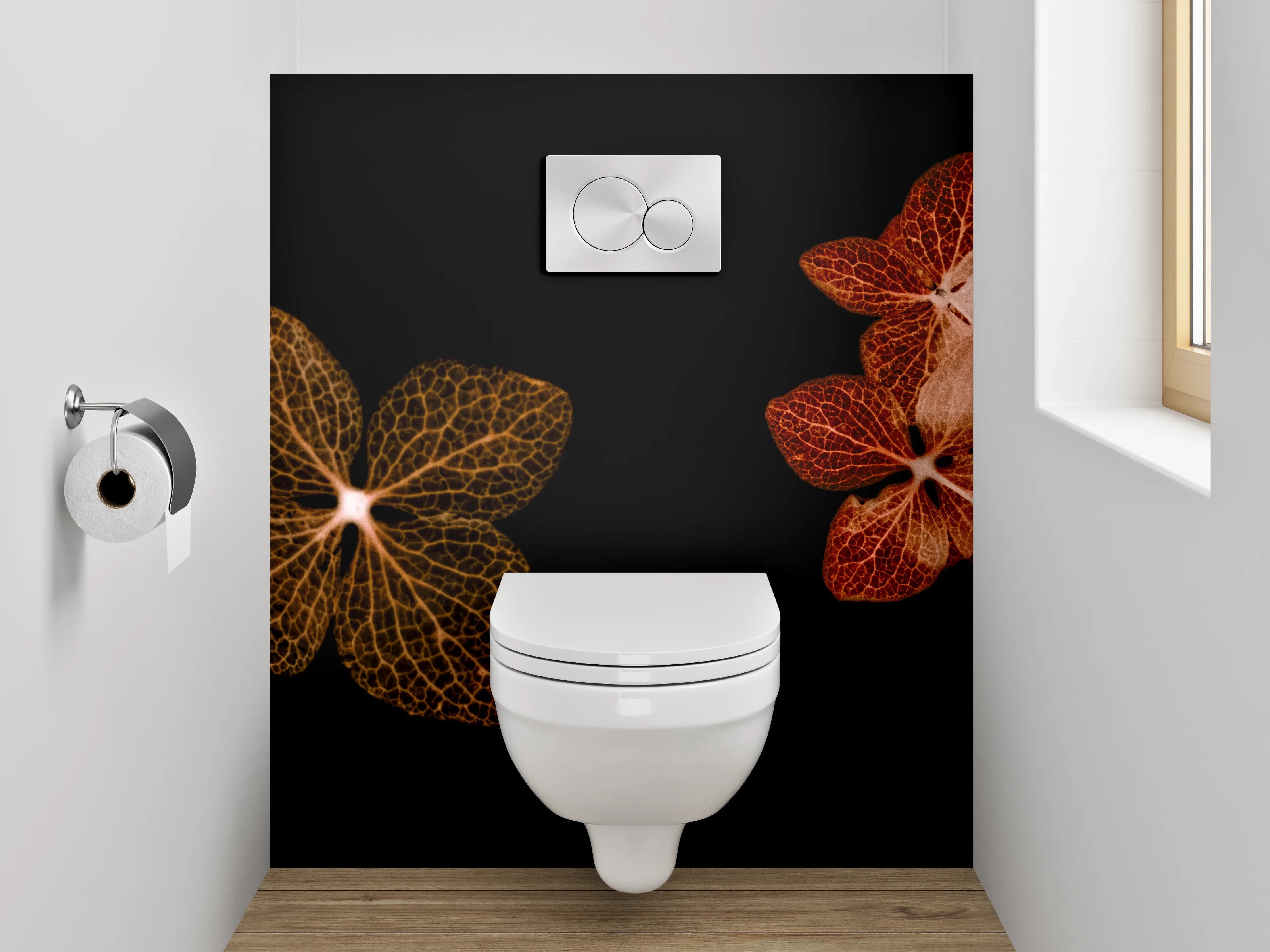 WC-Rückwand - Florale Skelettblätter auf Schwarz