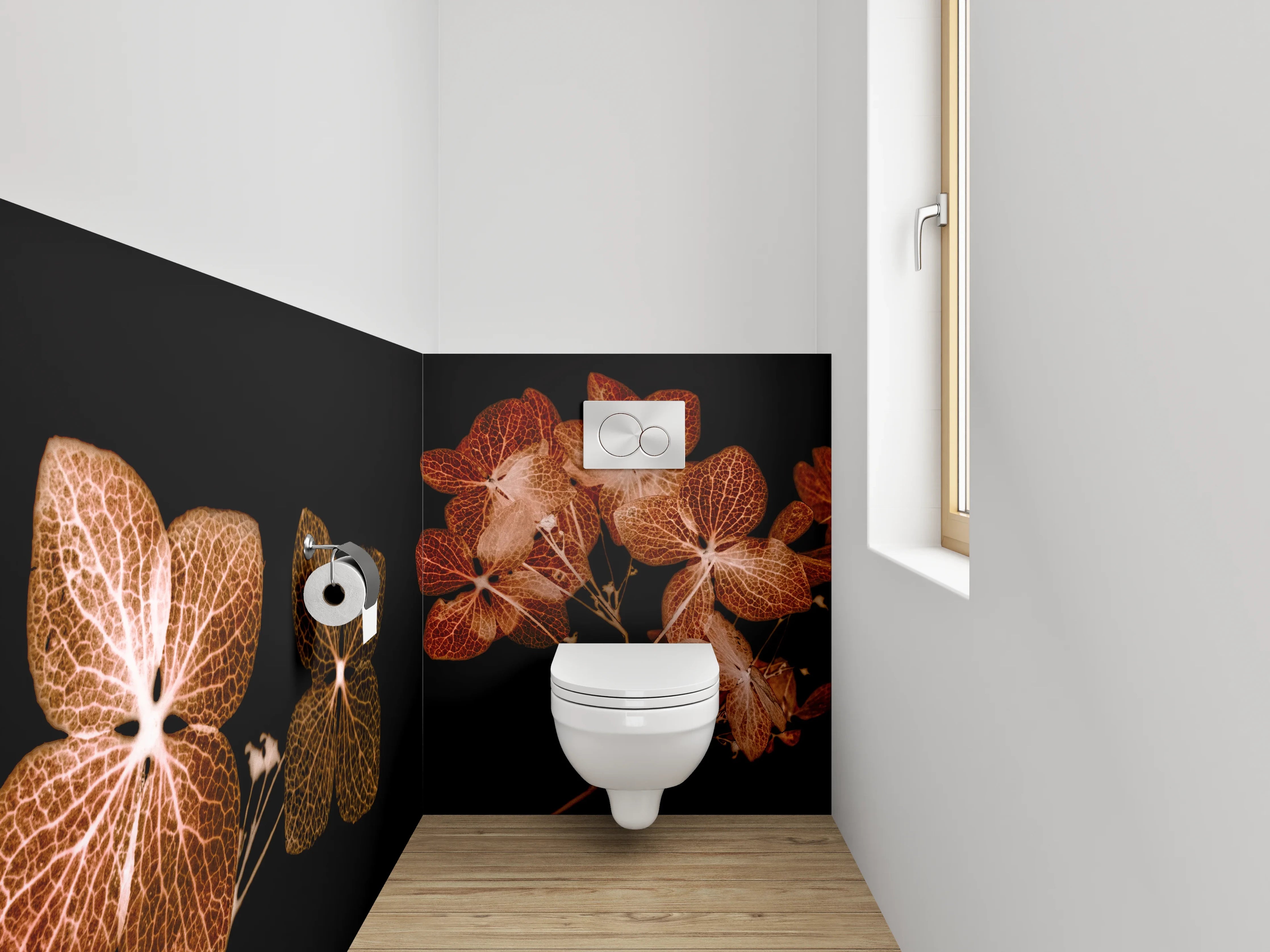 WC-Rückwand - Florale Skelettblätter auf Schwarz