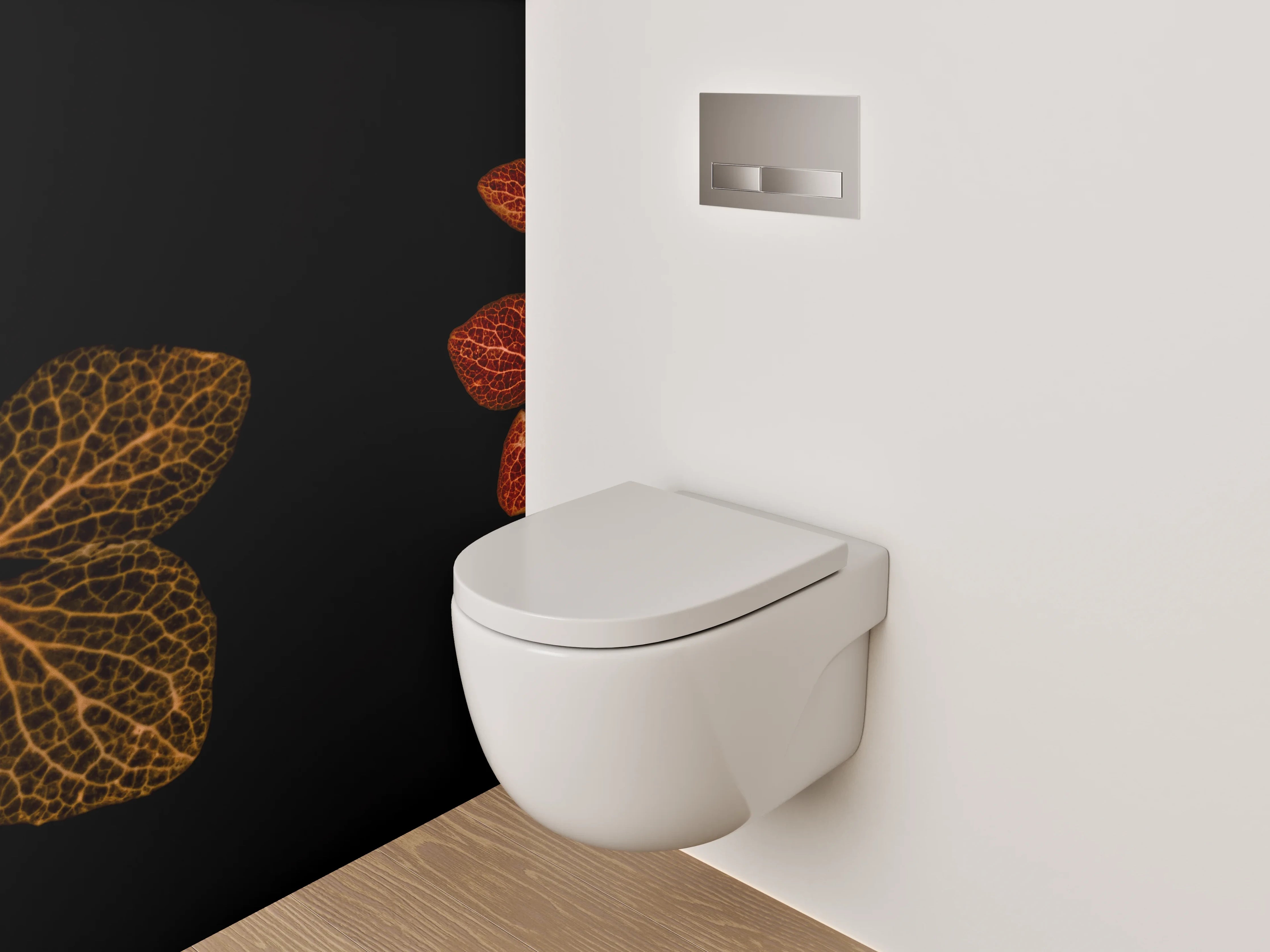 WC-Rückwand - Florale Skelettblätter auf Schwarz