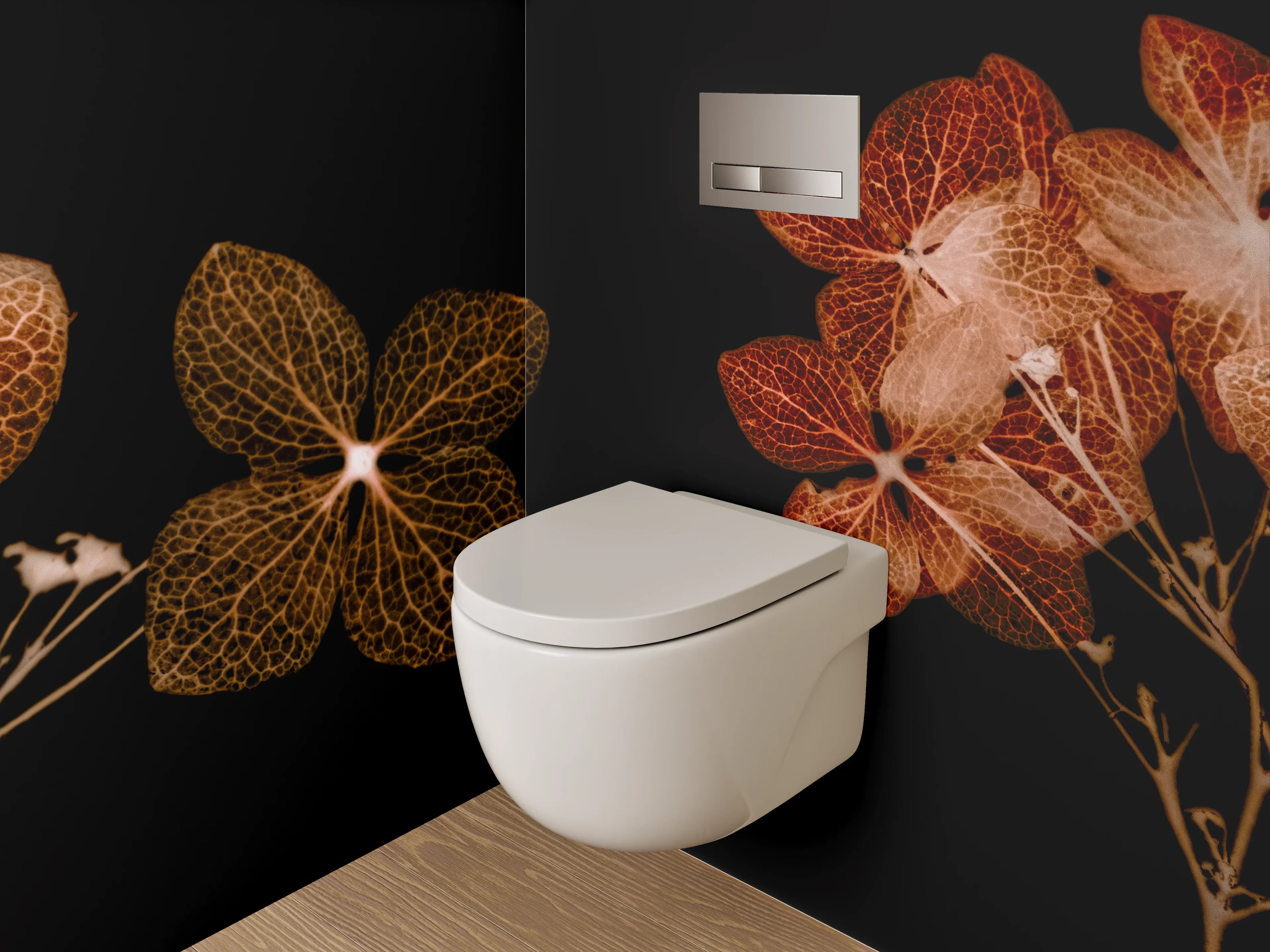 WC-Rückwand - Florale Skelettblätter auf Schwarz