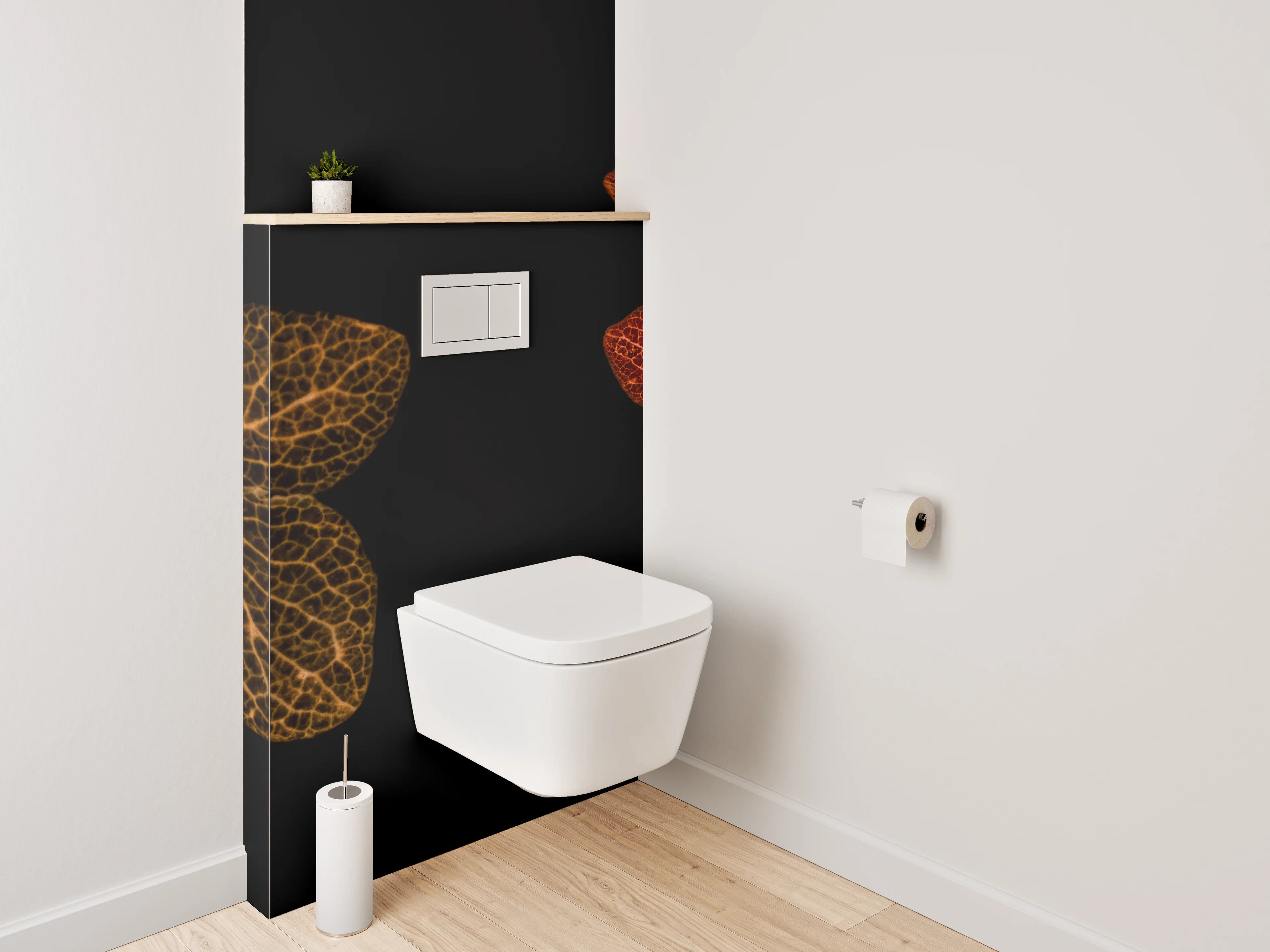 WC-Rückwand - Florale Skelettblätter auf Schwarz