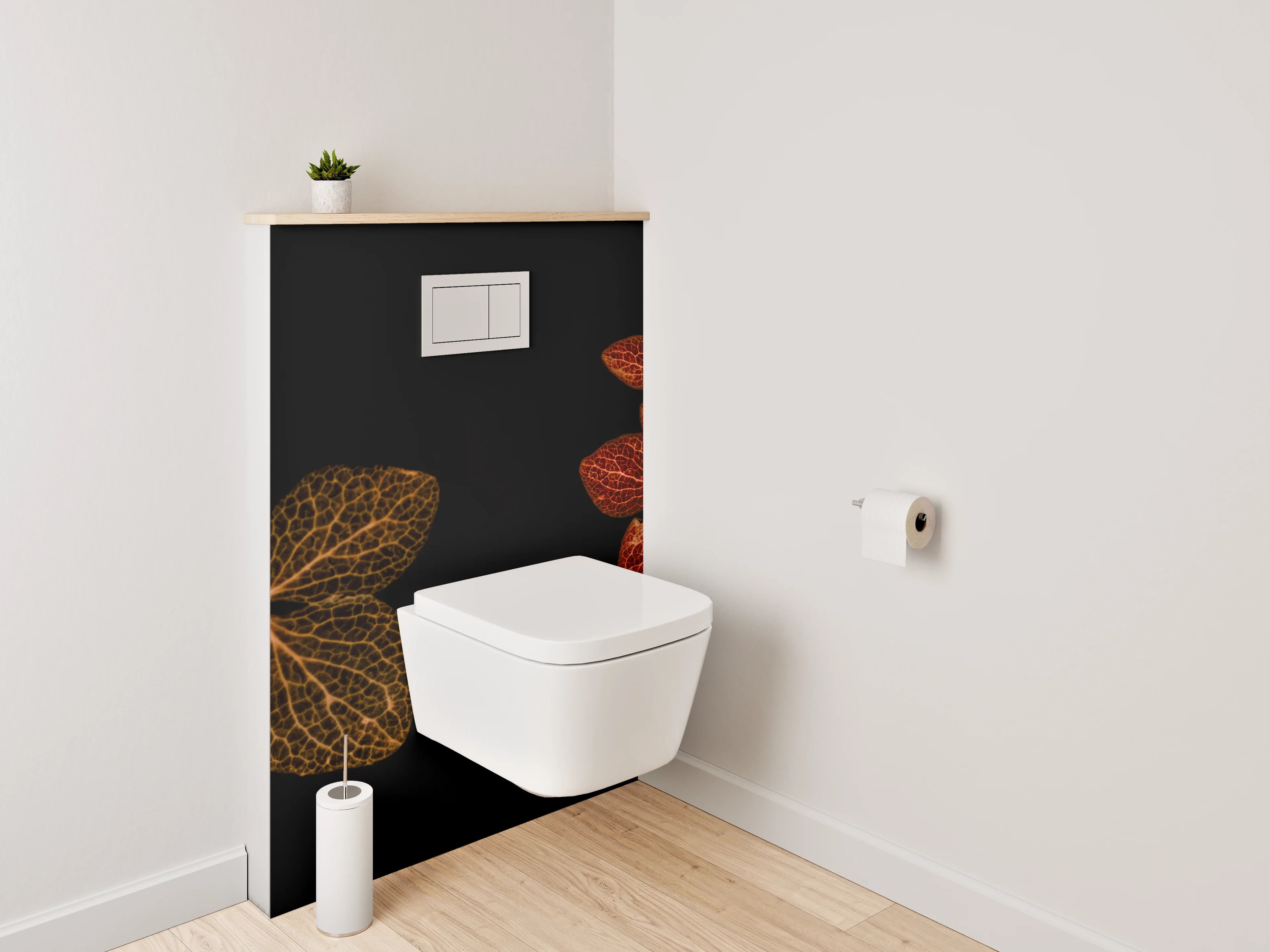 WC-Rückwand - Florale Skelettblätter auf Schwarz