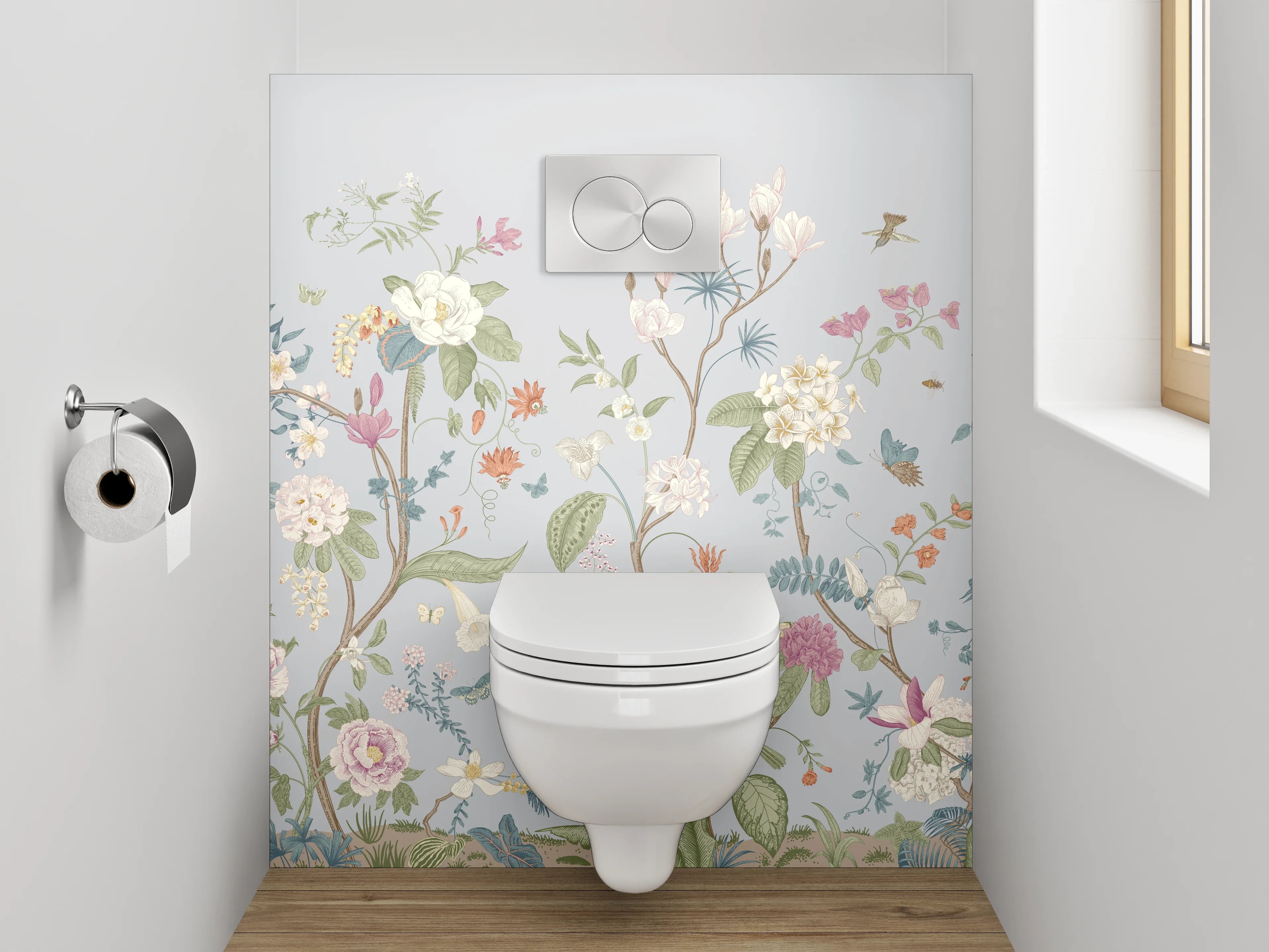 WC-Rückwand - Florale Vintage-Blumen auf Pastell-Blau