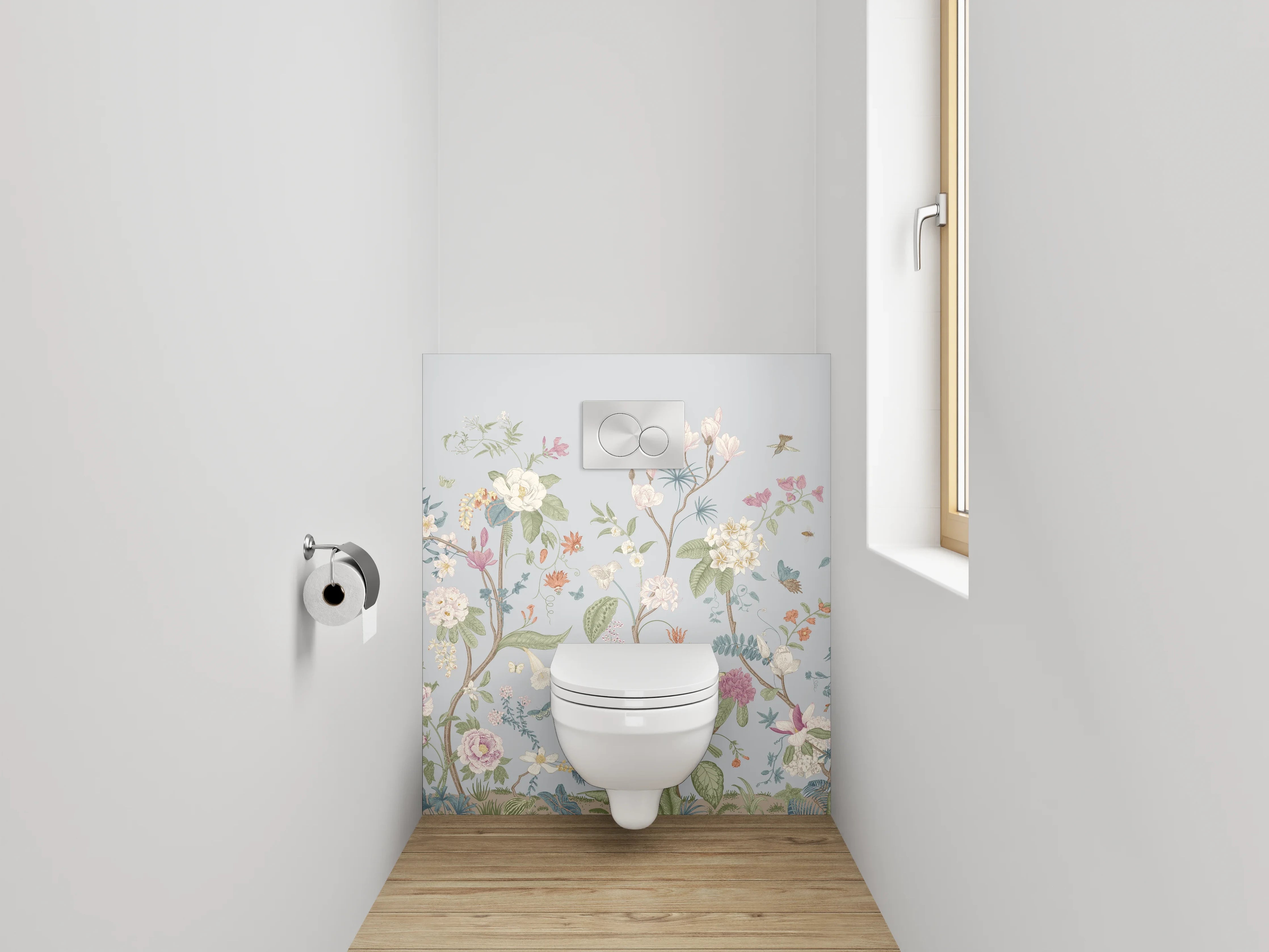 WC-Rückwand - Florale Vintage-Blumen auf Pastell-Blau