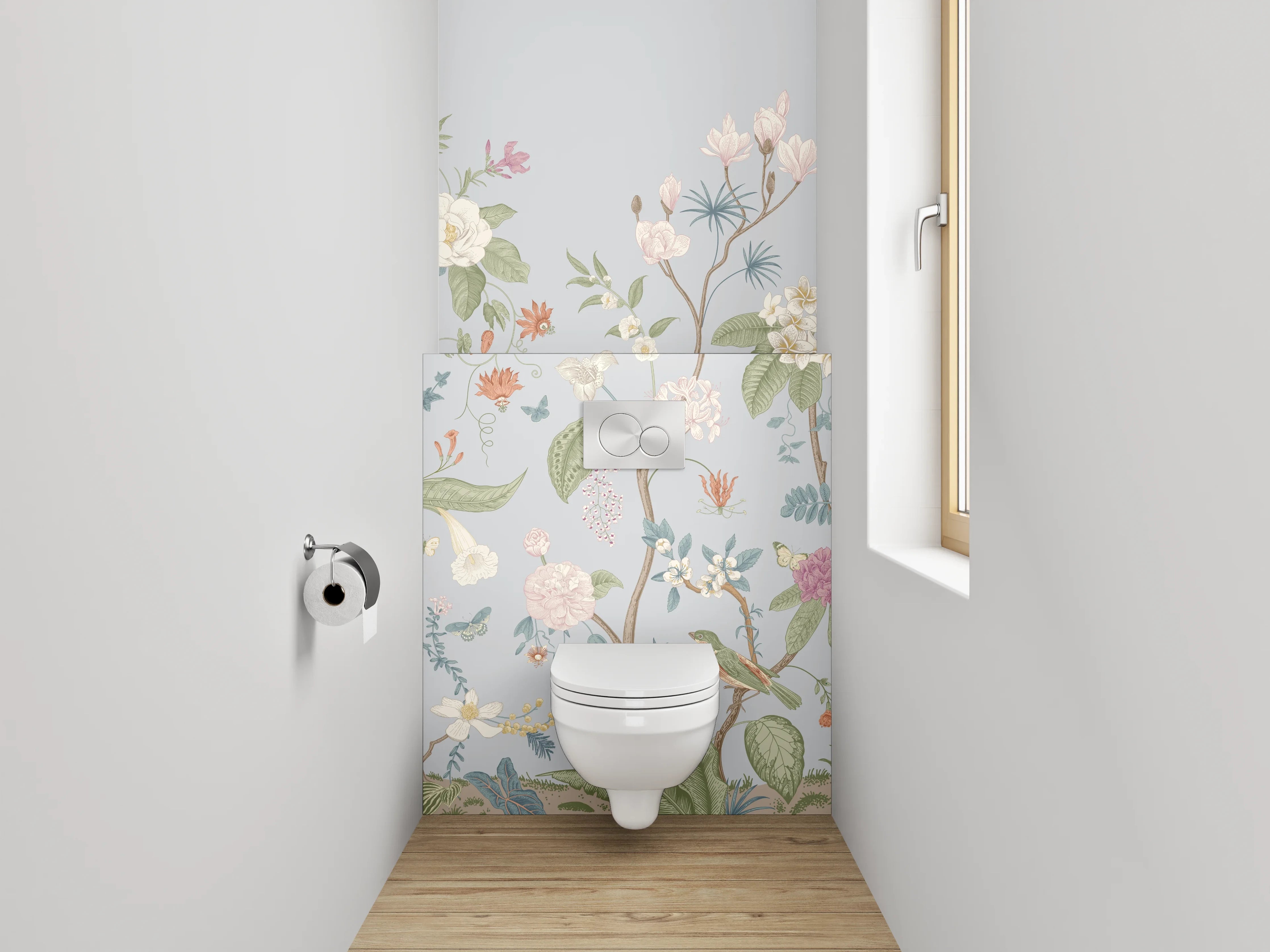 WC-Rückwand - Florale Vintage-Blumen auf Pastell-Blau