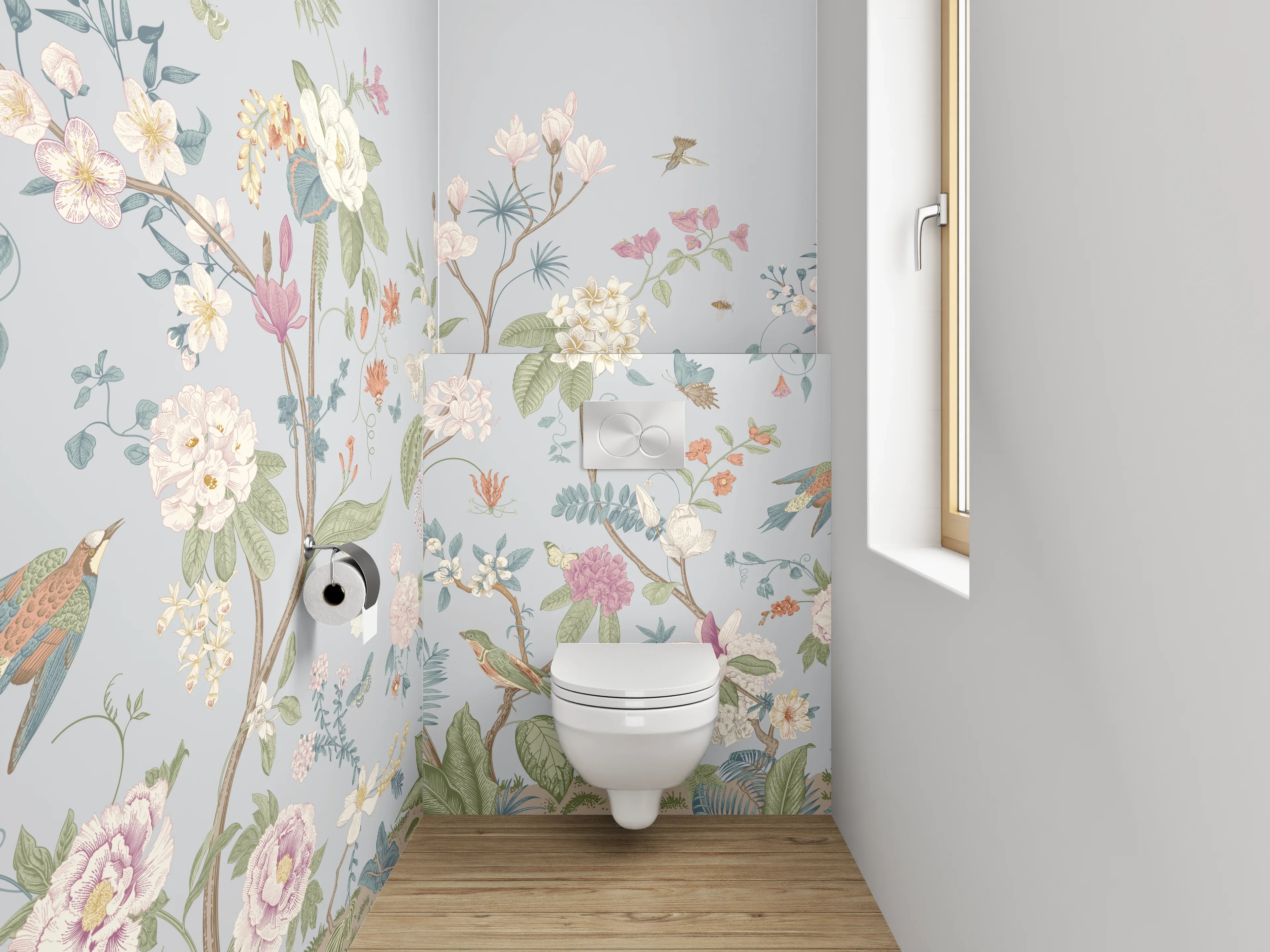 WC-Rückwand - Florale Vintage-Blumen auf Pastell-Blau