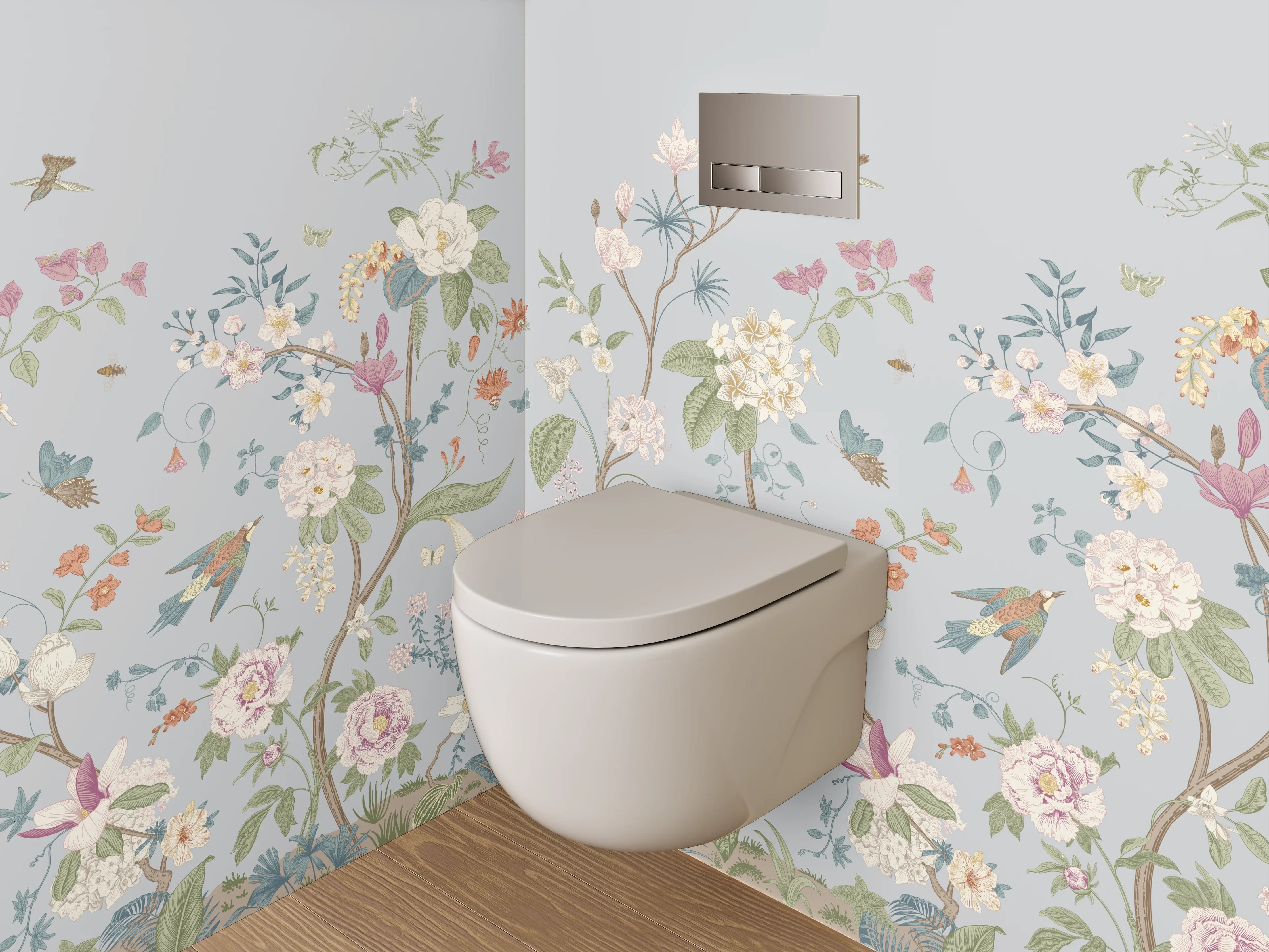 WC-Rückwand - Florale Vintage-Blumen auf Pastell-Blau