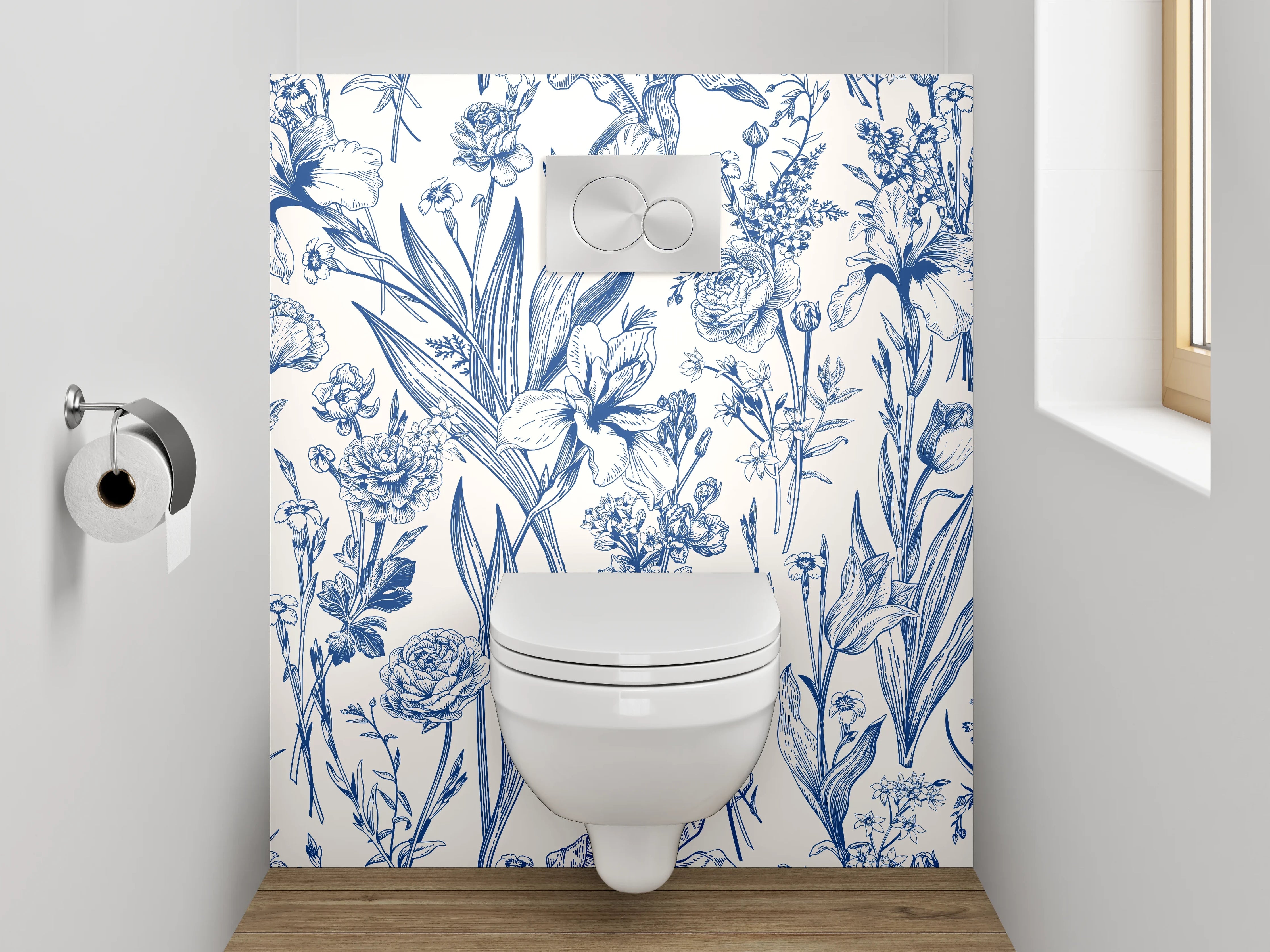 WC-Rückwand - Florale Vintage Tapete Blau Weiß