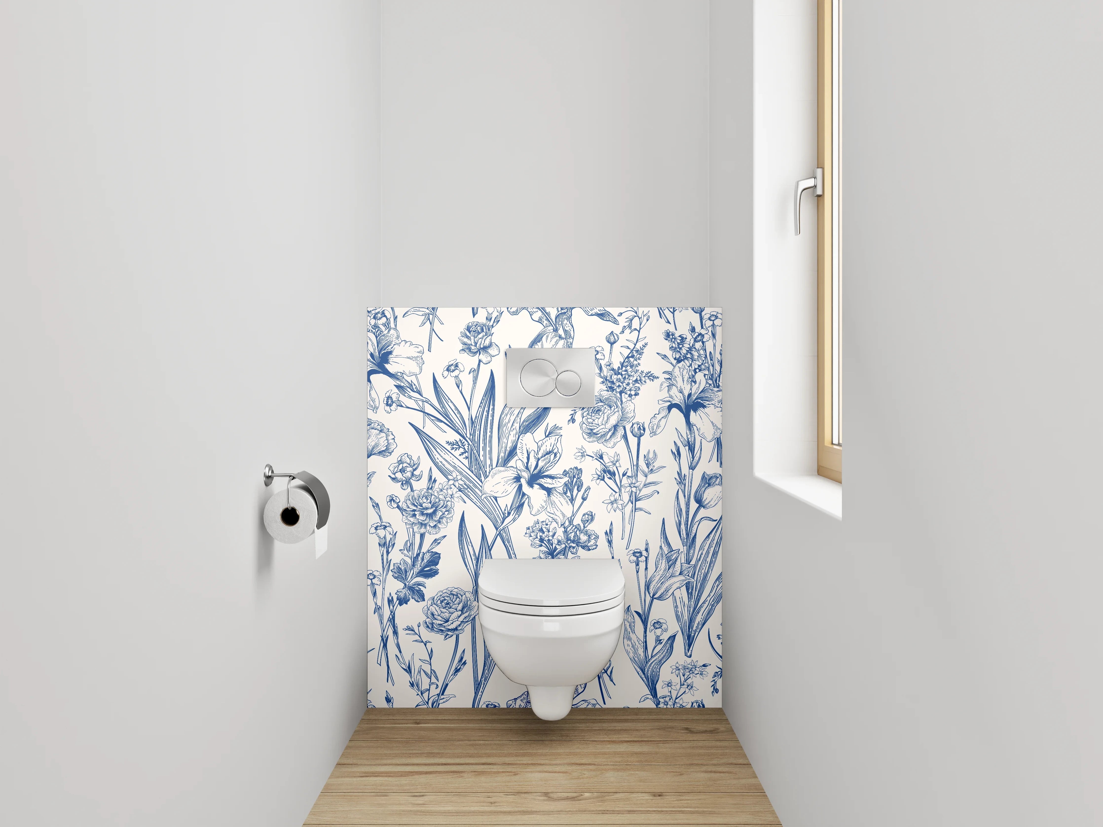 WC-Rückwand - Florale Vintage Tapete Blau Weiß