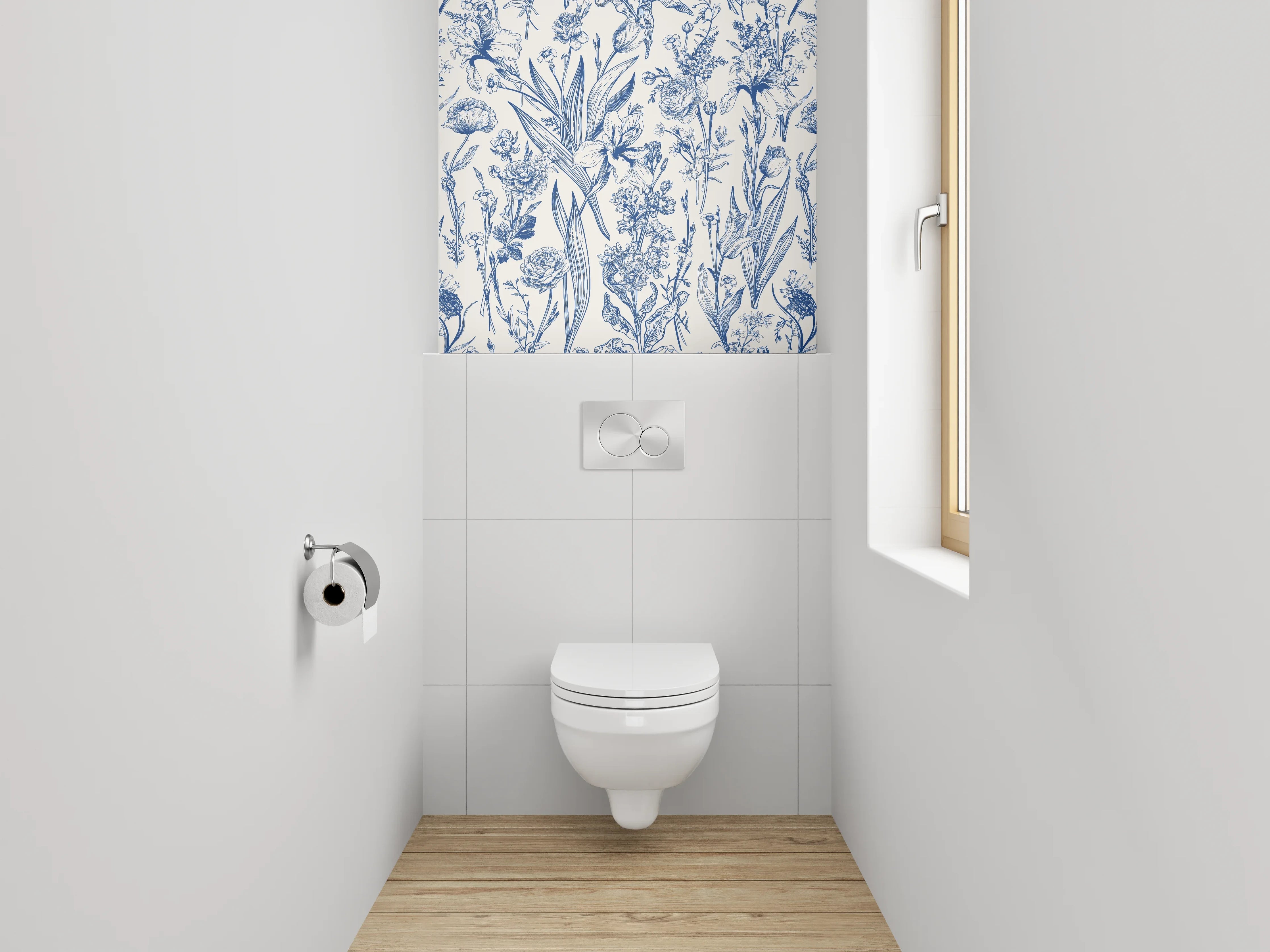 WC-Rückwand - Florale Vintage Tapete Blau Weiß