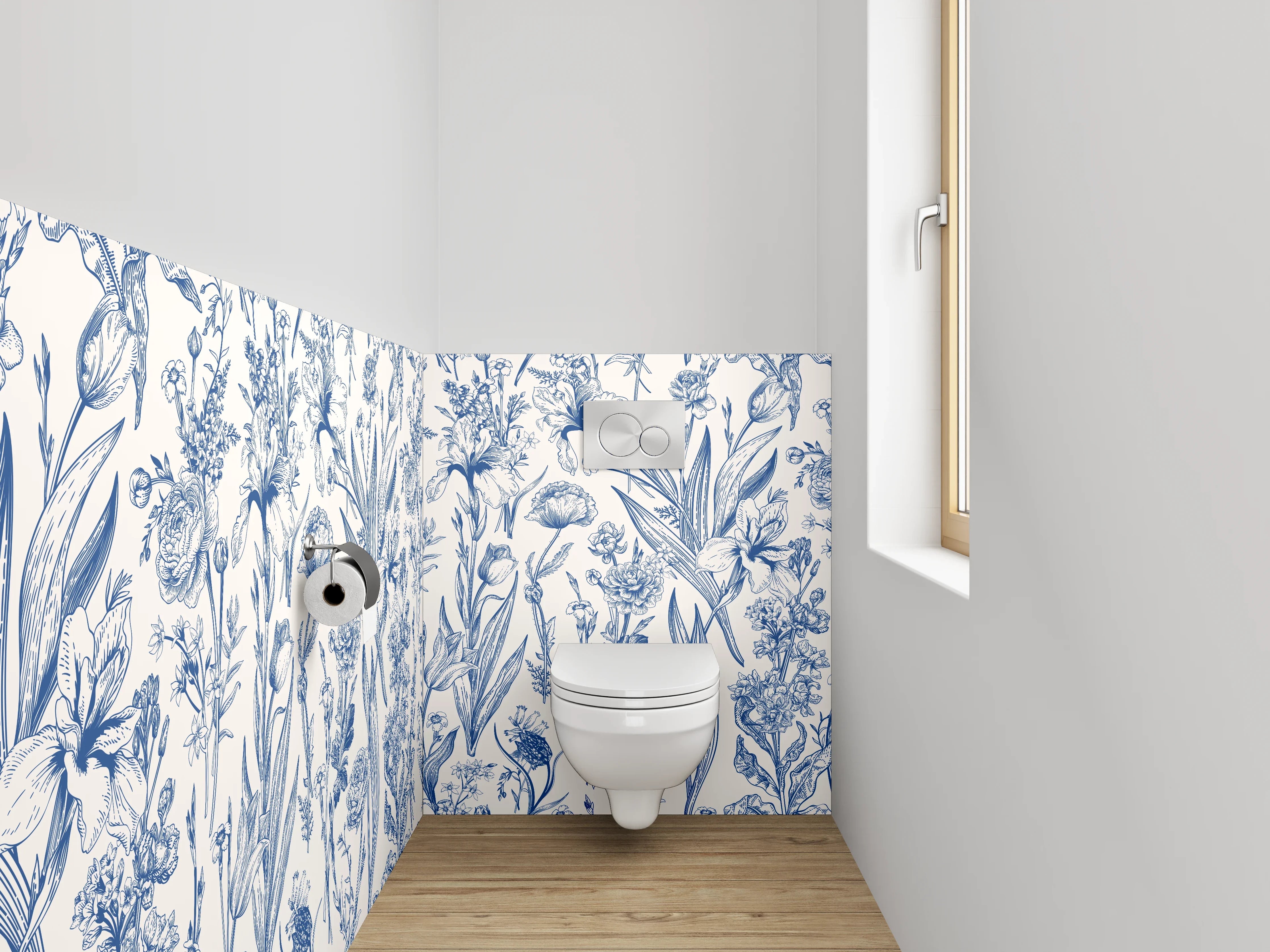WC-Rückwand - Florale Vintage Tapete Blau Weiß
