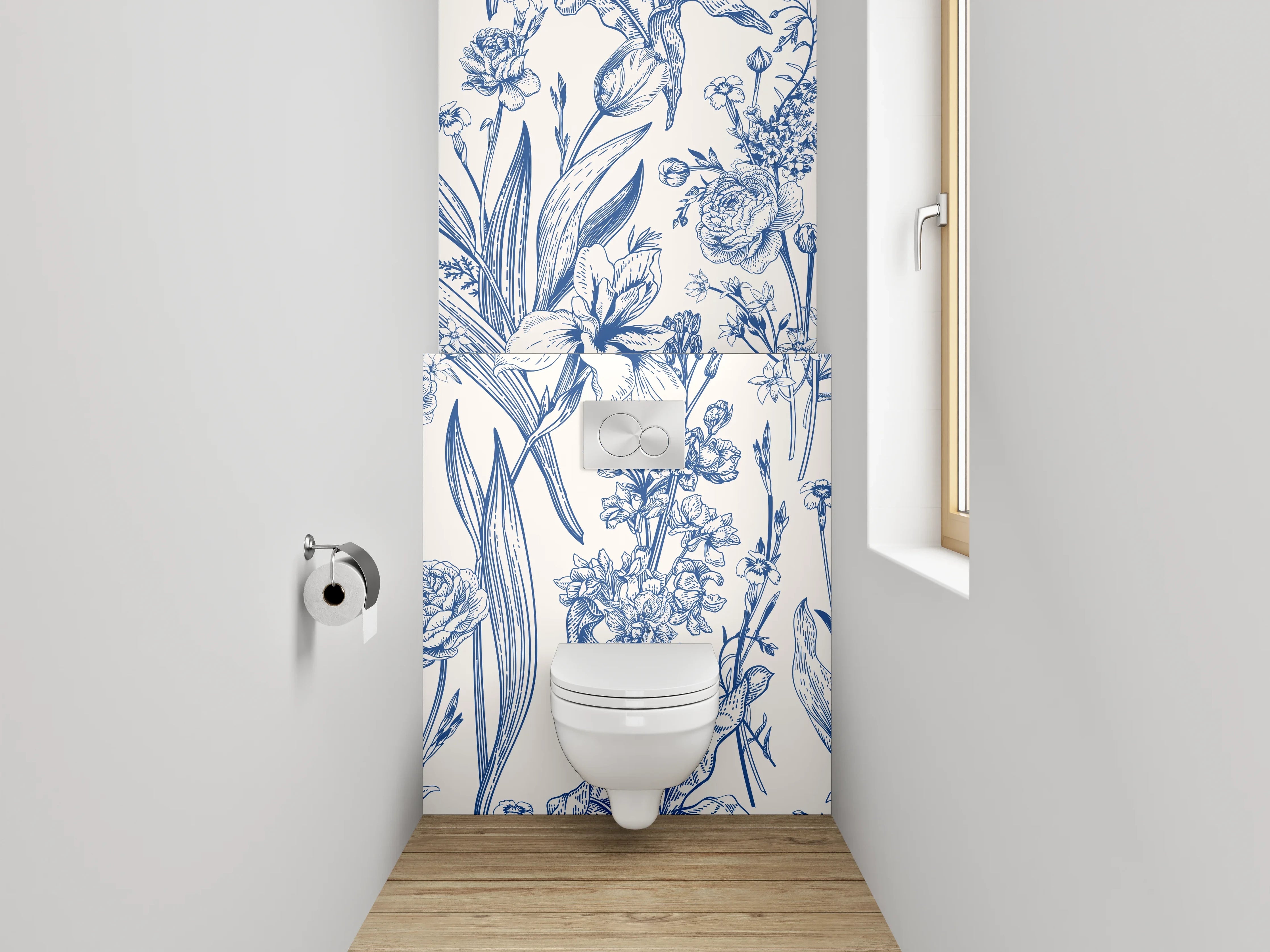 WC-Rückwand - Florale Vintage Tapete Blau Weiß