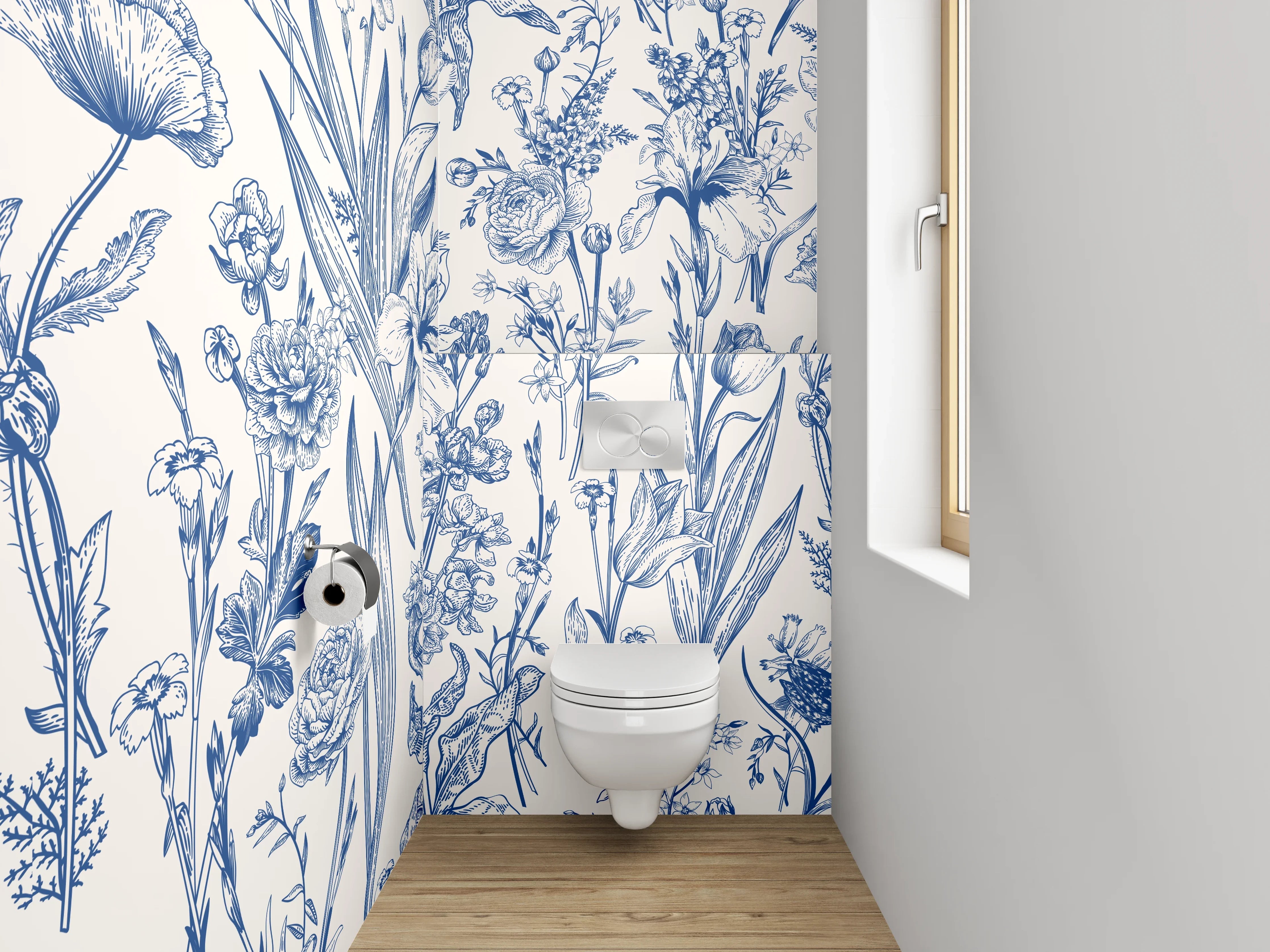 WC-Rückwand - Florale Vintage Tapete Blau Weiß