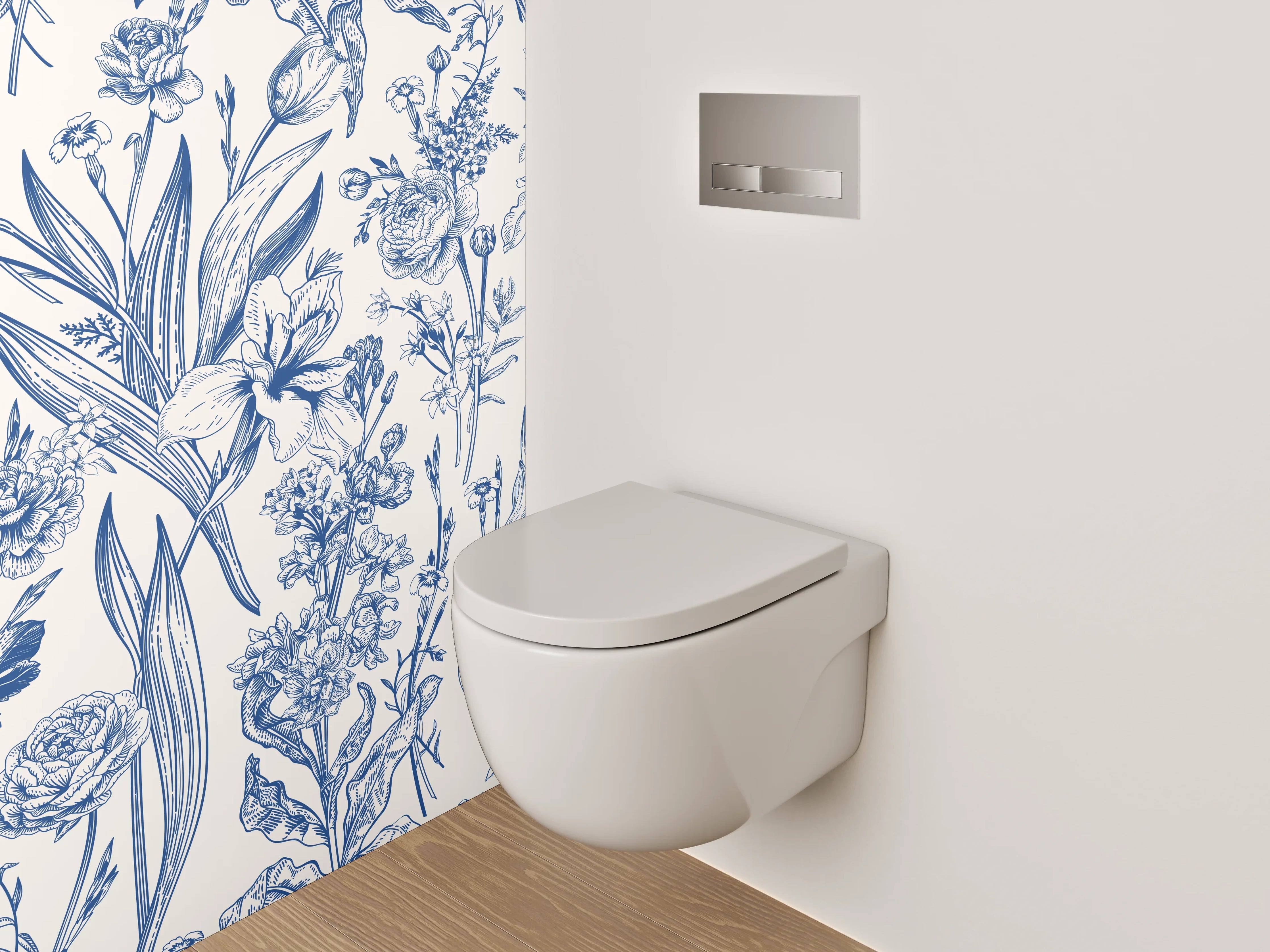 WC-Rückwand - Florale Vintage Tapete Blau Weiß
