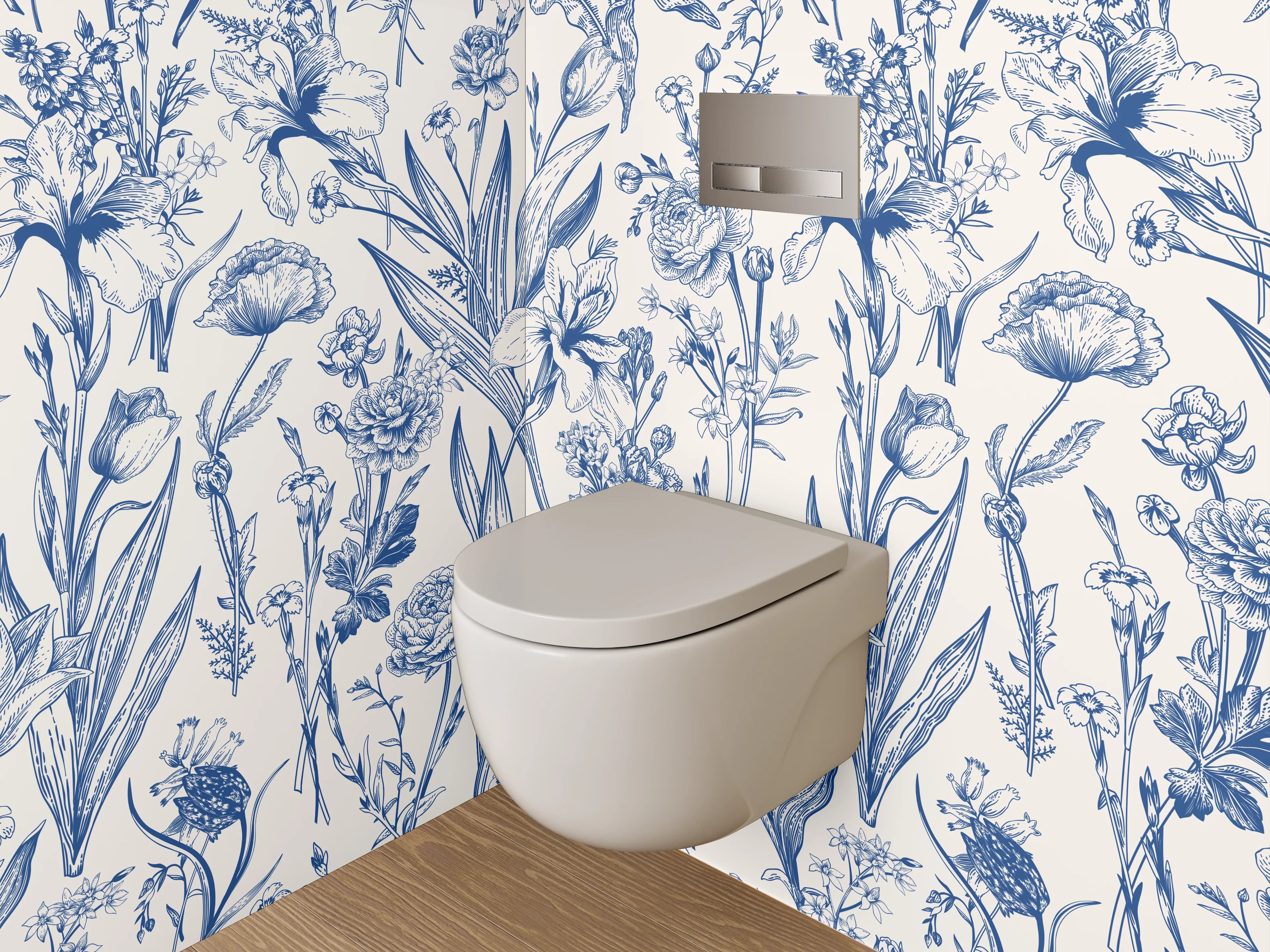 WC-Rückwand - Florale Vintage Tapete Blau Weiß