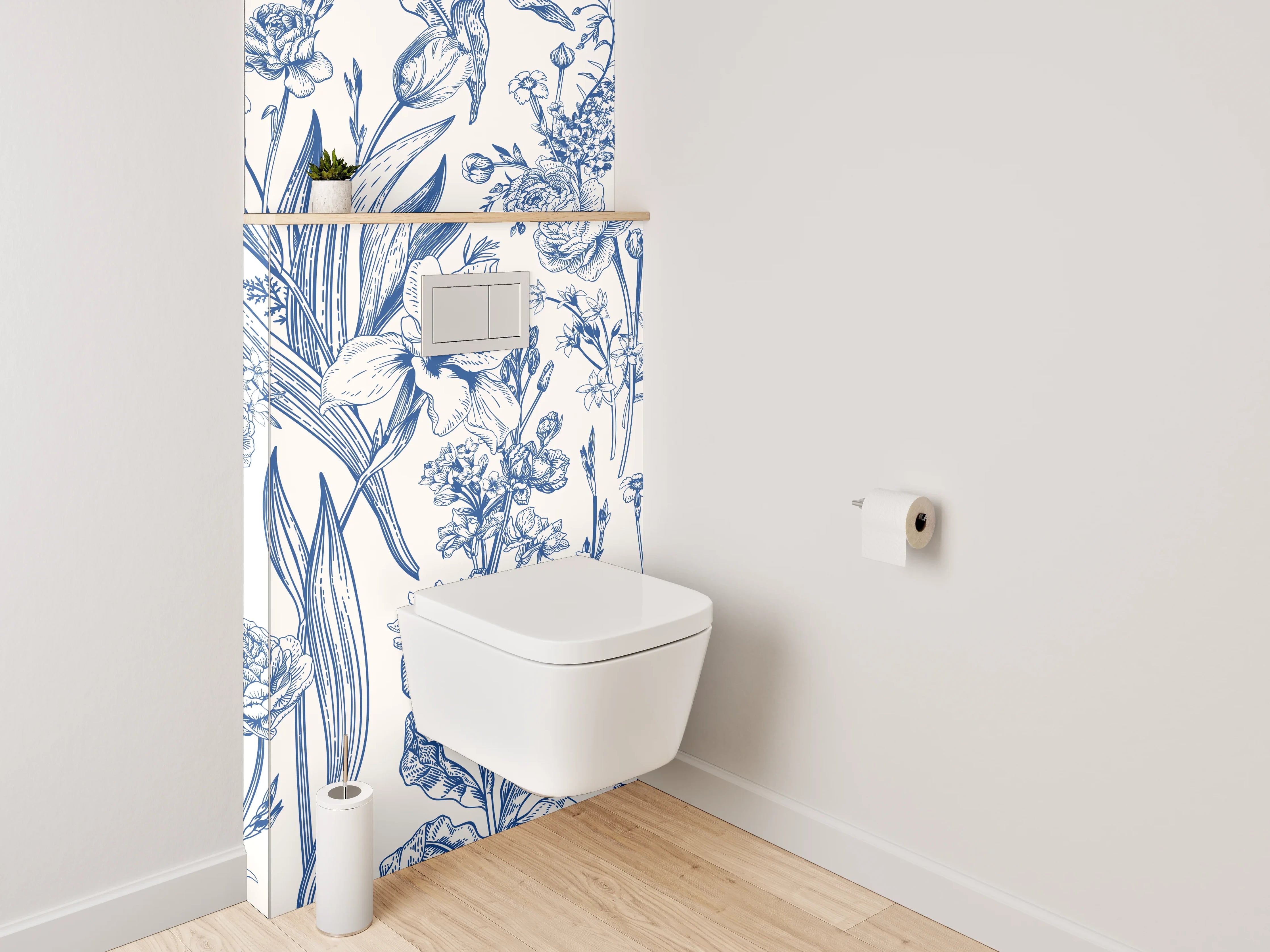 WC-Rückwand - Florale Vintage Tapete Blau Weiß
