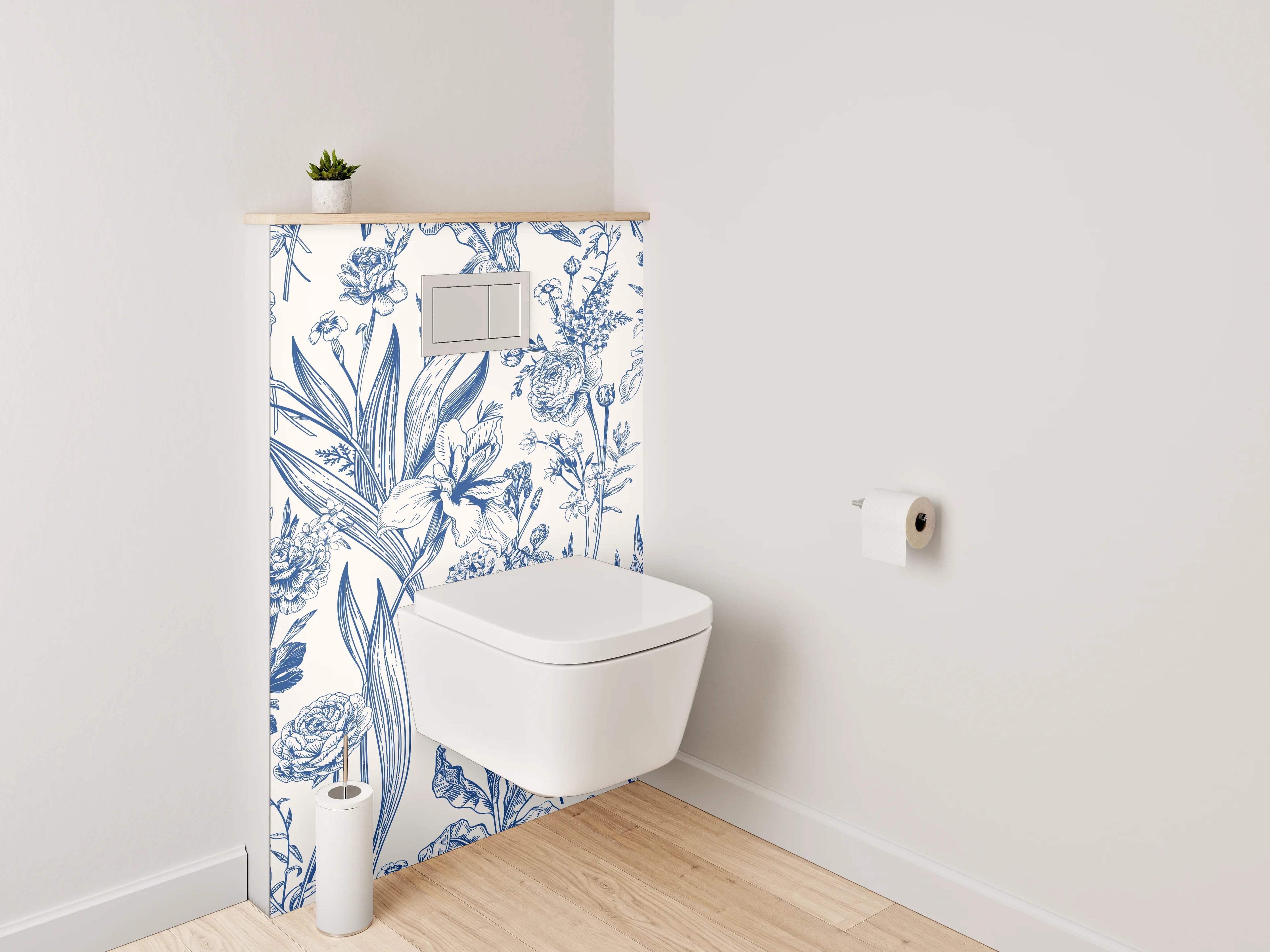 WC-Rückwand - Florale Vintage Tapete Blau Weiß