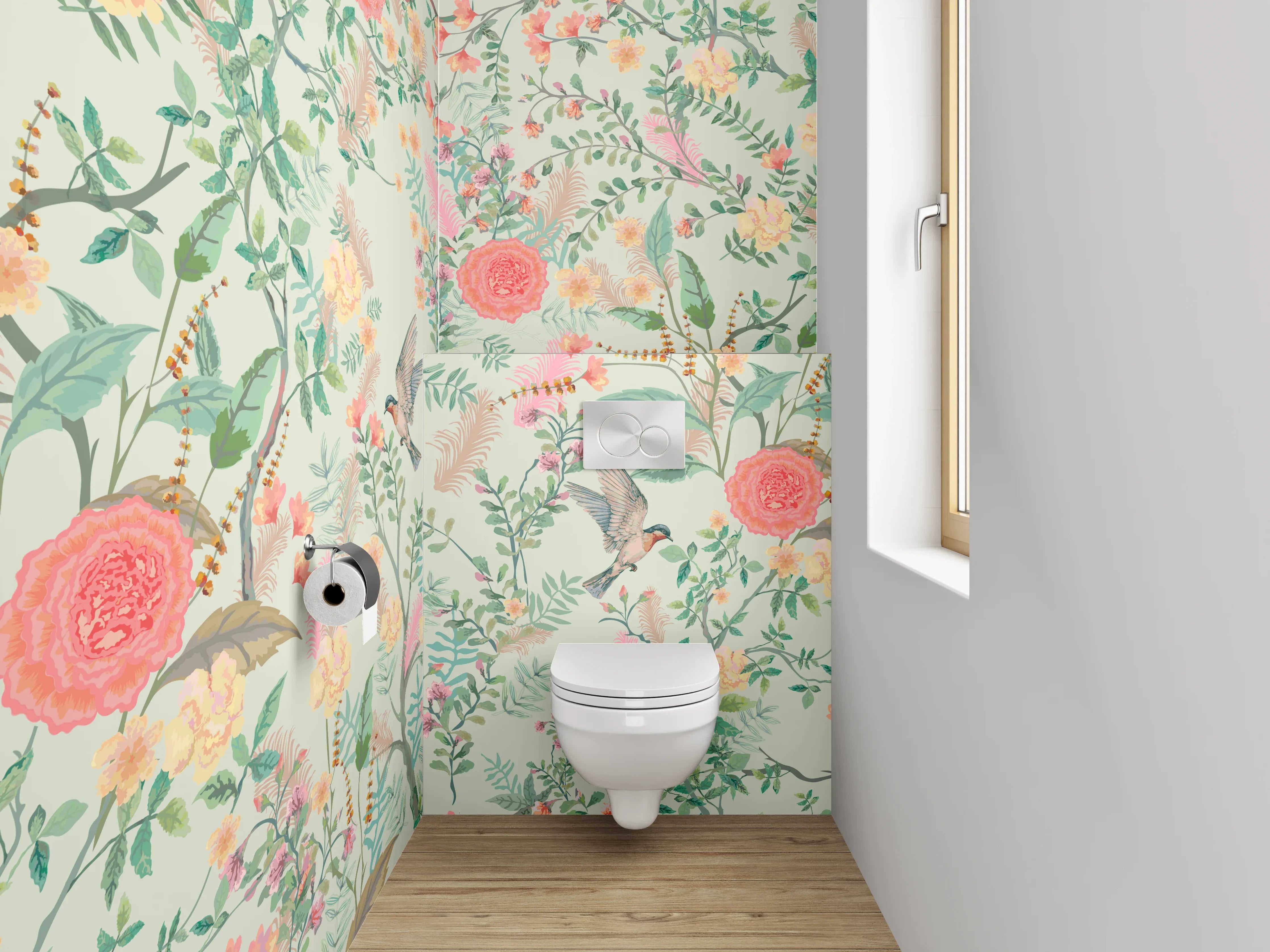 WC-Rückwand - Florale Vintage-Vögel Aquarell Muster