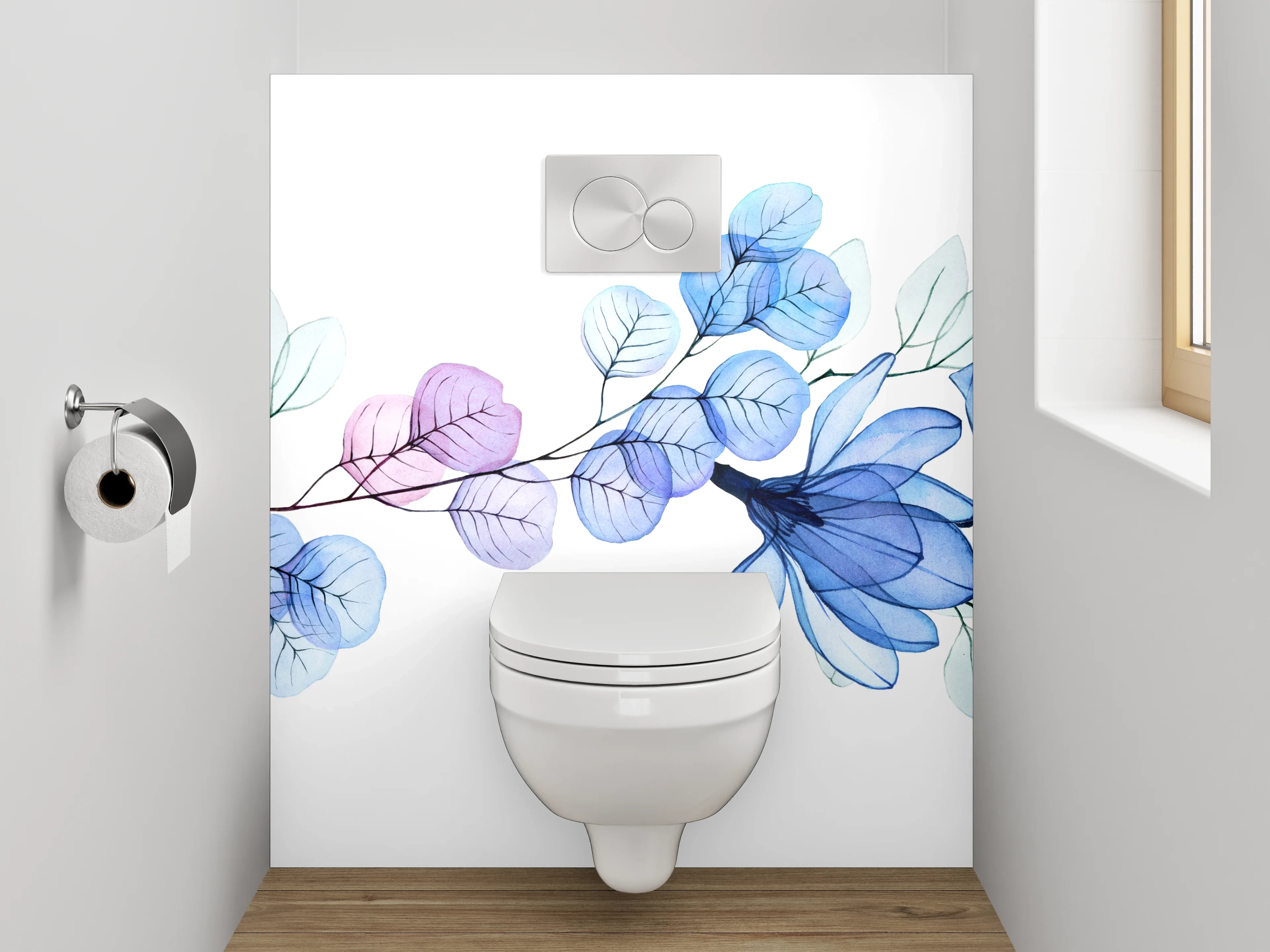 WC-Rückwand - Florales Aquarell-Design in Blautönen