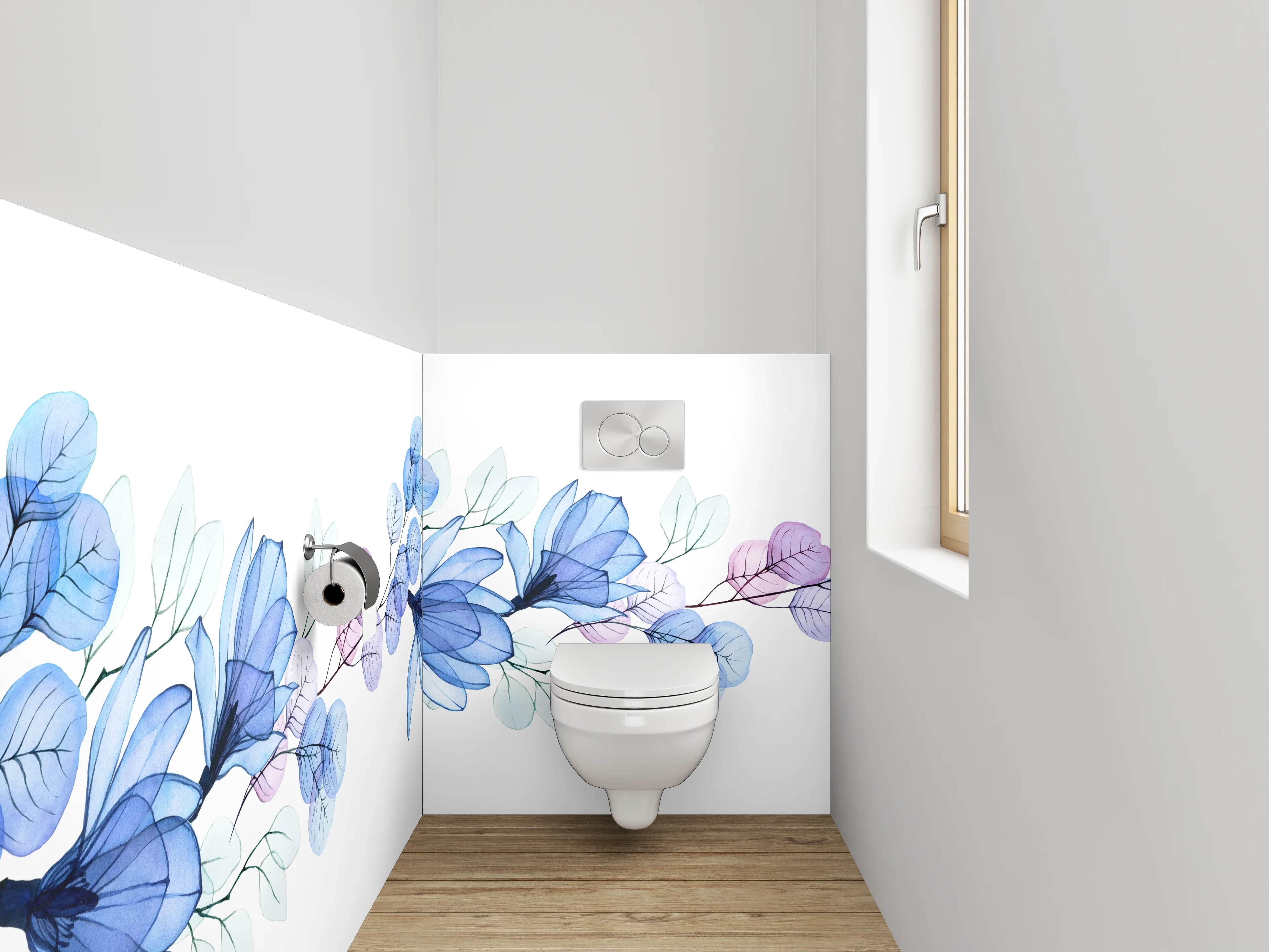 WC-Rückwand - Florales Aquarell-Design in Blautönen