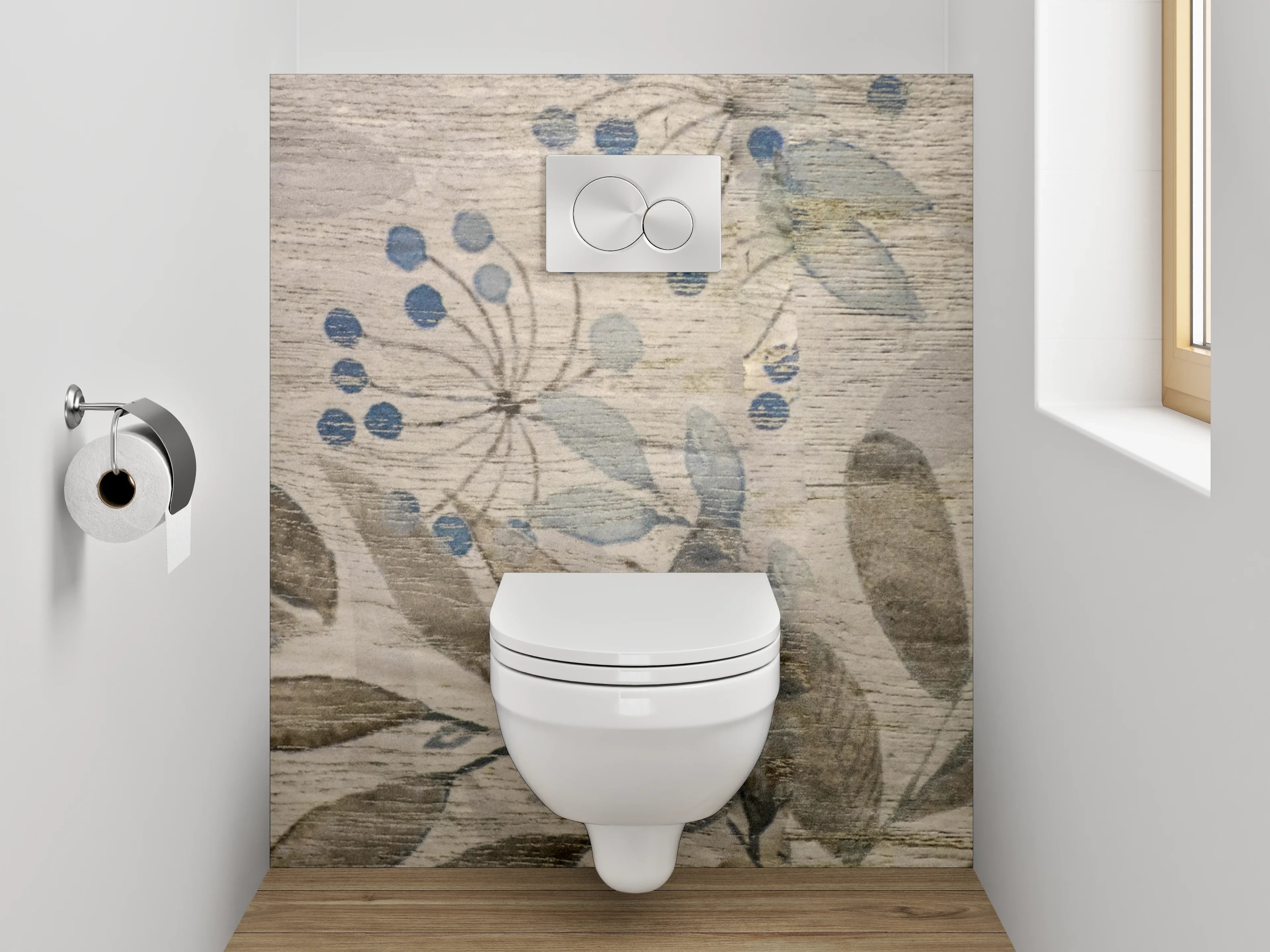 WC-Rückwand - Florales Aquarell auf Holzoptik – Beige Grau