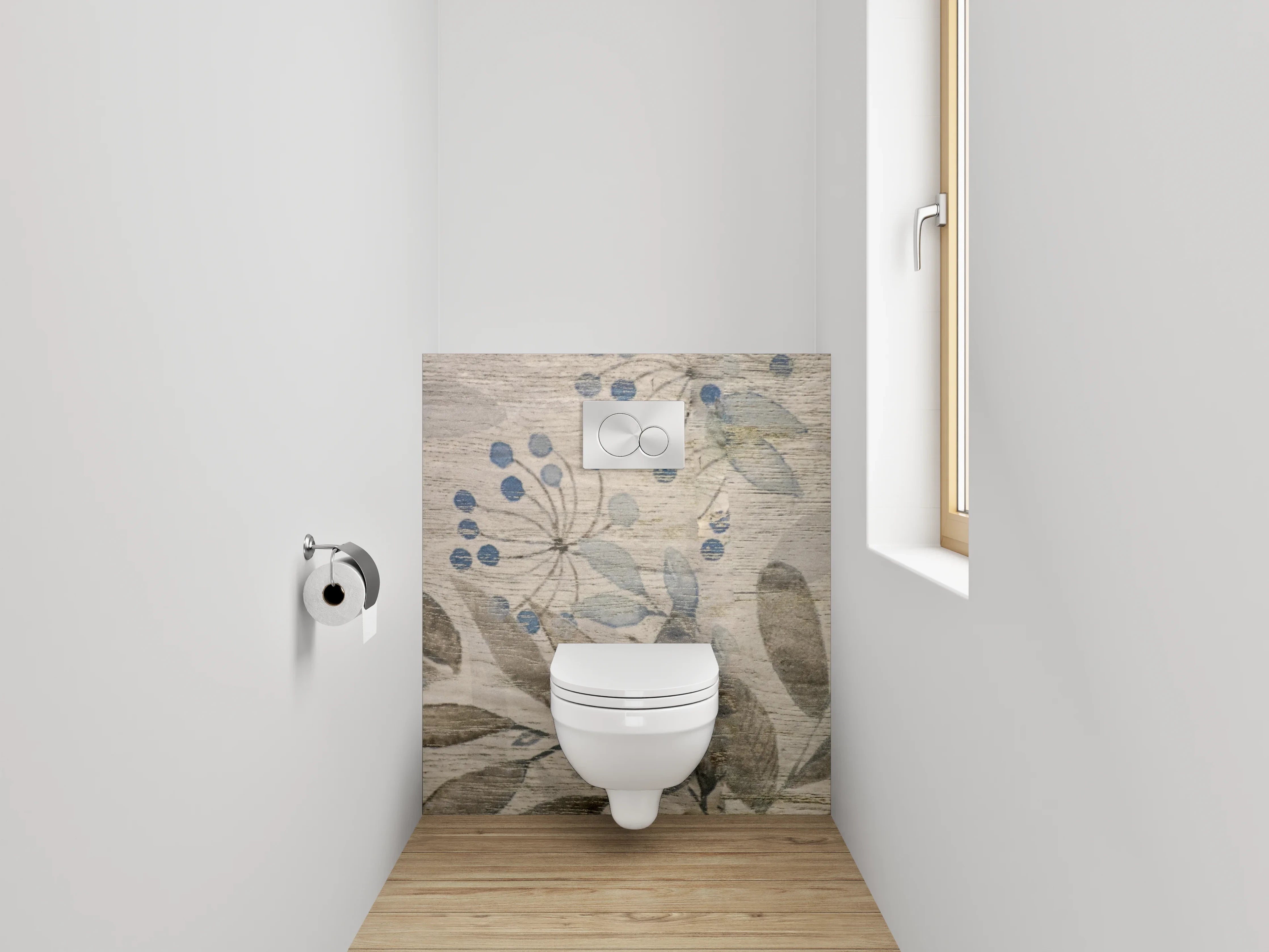 WC-Rückwand - Florales Aquarell auf Holzoptik – Beige Grau