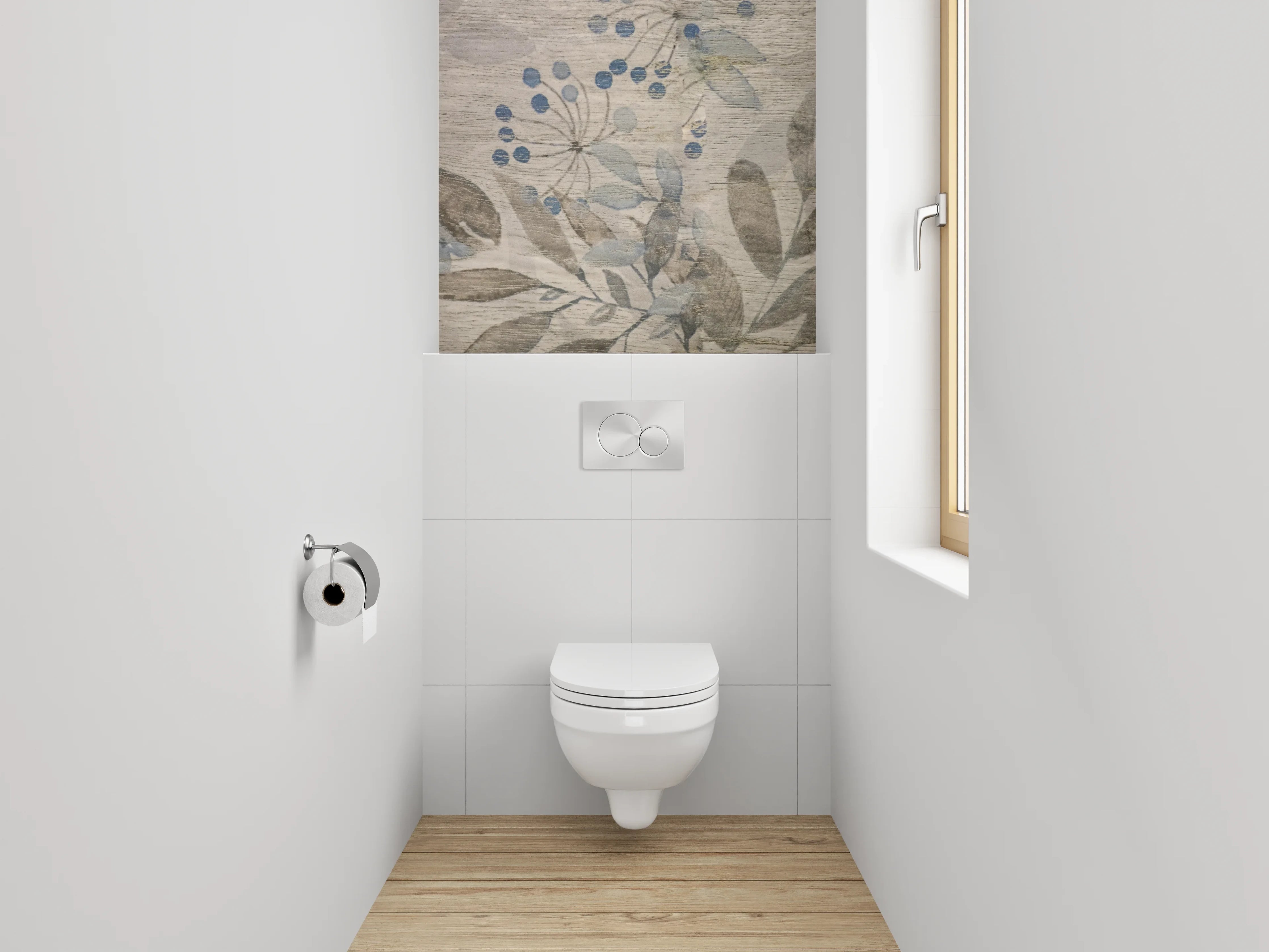 WC-Rückwand - Florales Aquarell auf Holzoptik – Beige Grau